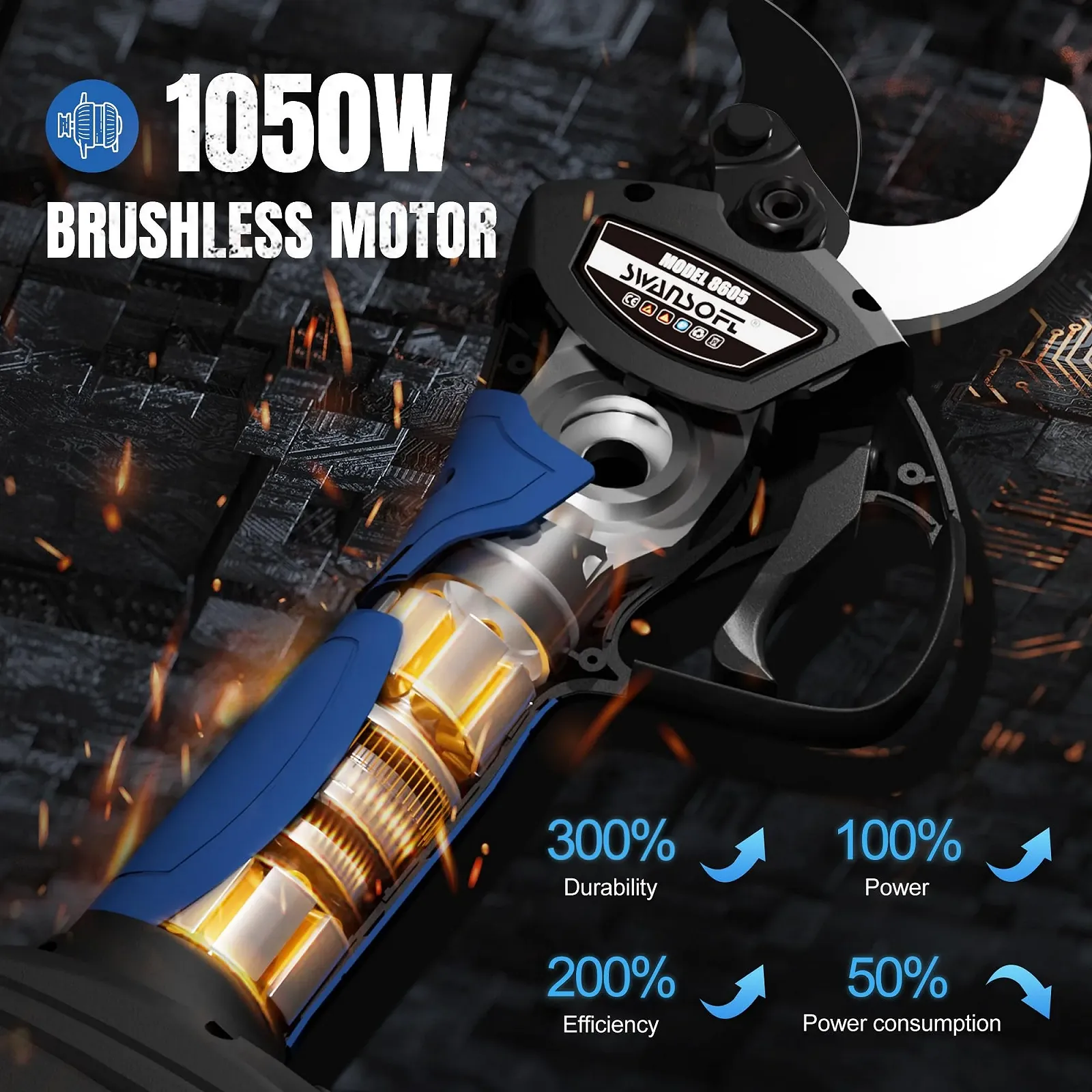 Секатор акумуляторний SWANSOFT 8605, 40 мм, 1050 Вт, 21 В, 2 А, для оливкових дерев, виноградника, фото №4