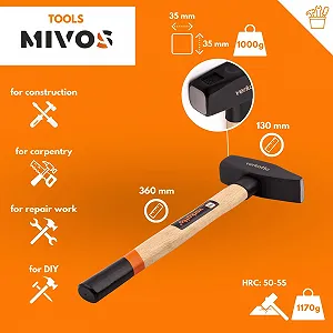 Молоток слесарный Mivos 1000 г с деревянной ручкой DIN 1041 synthetic.ua - Фото 1