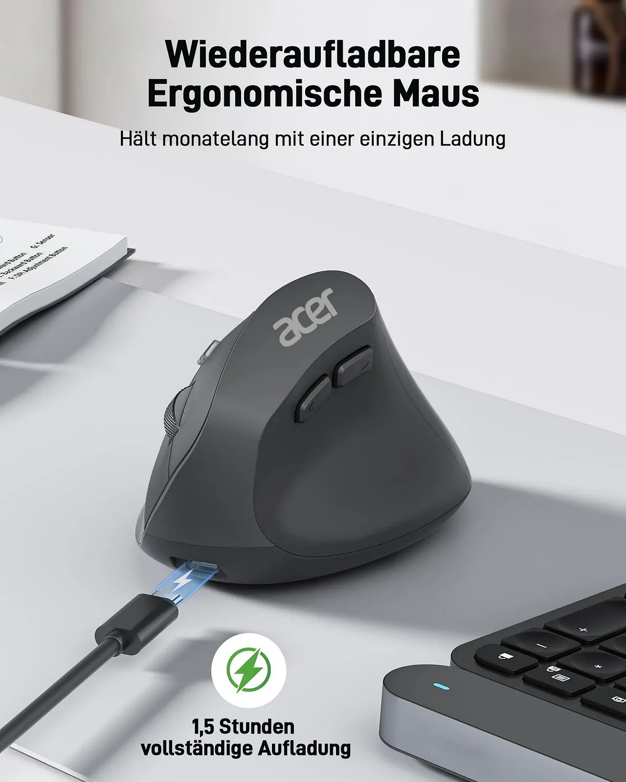 Мышь Acer Беспроводная, Перезаряжаемая 2.4 GHz Вертикальная с 3 DPI, 6 Кнопками, фото №5