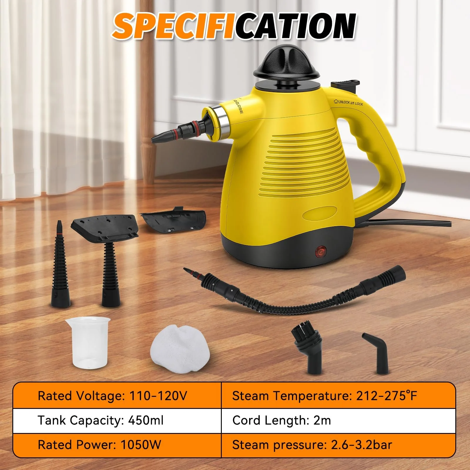 Ручний пароочисник 1050 Вт 450 мл 3.5 бар 8 аксесуарів 2 м кабель, фото №7 Ручний пароочисник 1050 Вт 450 мл 3.5 бар 8 аксесуарів 2 м кабель, фото №7