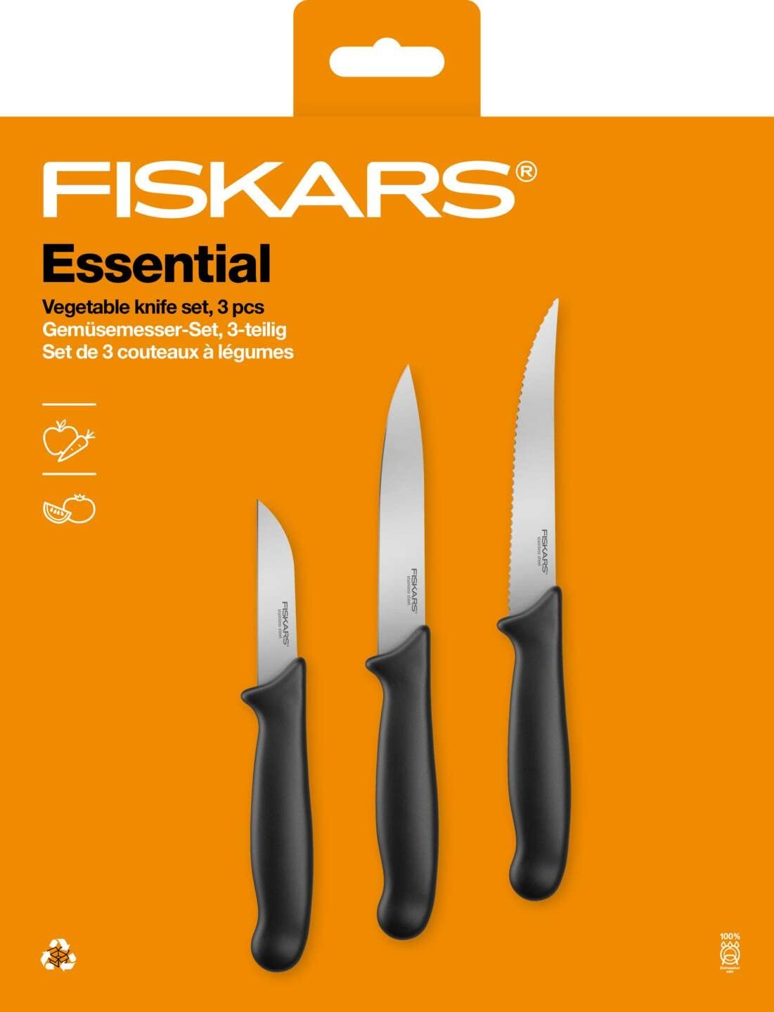 Набір ножів Fiskars Essential для овочів, 3 шт, ніж для чищення овочів, ніж для овочів, ніж для помідорів, нержавіюча сталь/PP пластик, чорний, фото №9