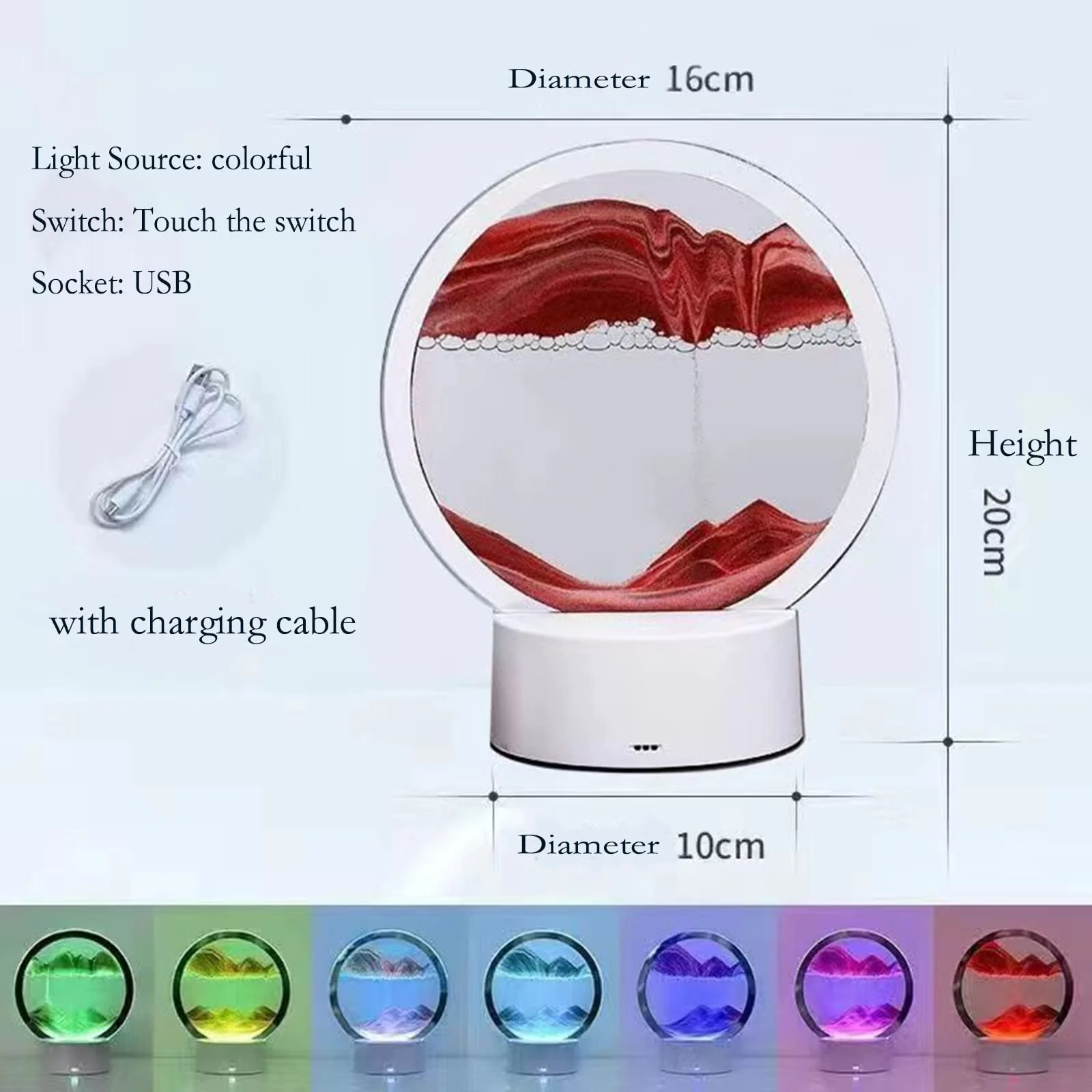 Настільна лампа Moving Sand Art 3D 7 кольорів 360° Rotation Червоний, фото №3