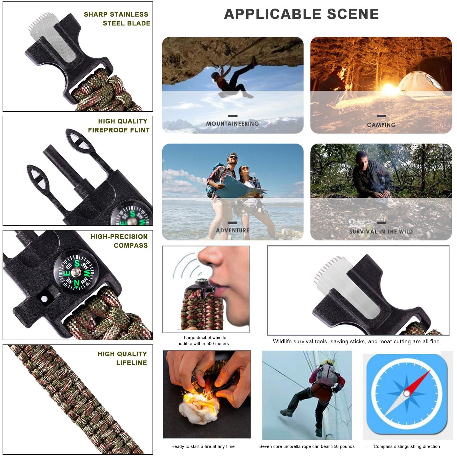 Браслети Sipiris Paracord Survival, 6 шт., комплект для виживання, браслет для активного відпочинку, походів, кемпінгу, катання на човнах, аварійних ситуацій або інших видів активного відпочинку (3 кольори), фото №3