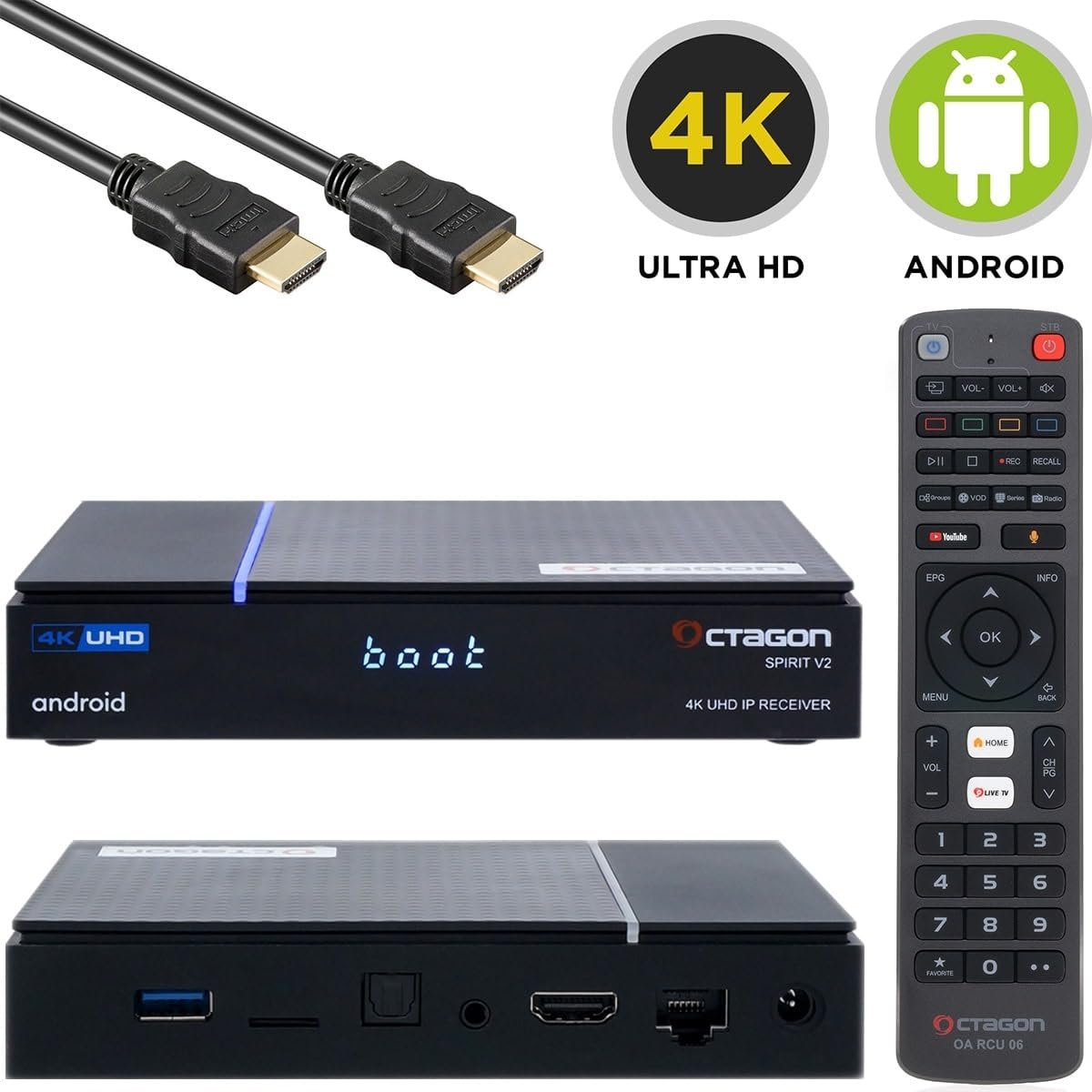 Android TV медиаплеерOctagon Spirit PRO 4K UHD, Dual Band WiFi WiFi, Bluetooth пульт дистанционного управления, голосовое управление, HDR10+, HLG, 2 ГБ RAM и 32 ГБ Flash, TV IP ресивер, Bluetooth 5.1, фото №8