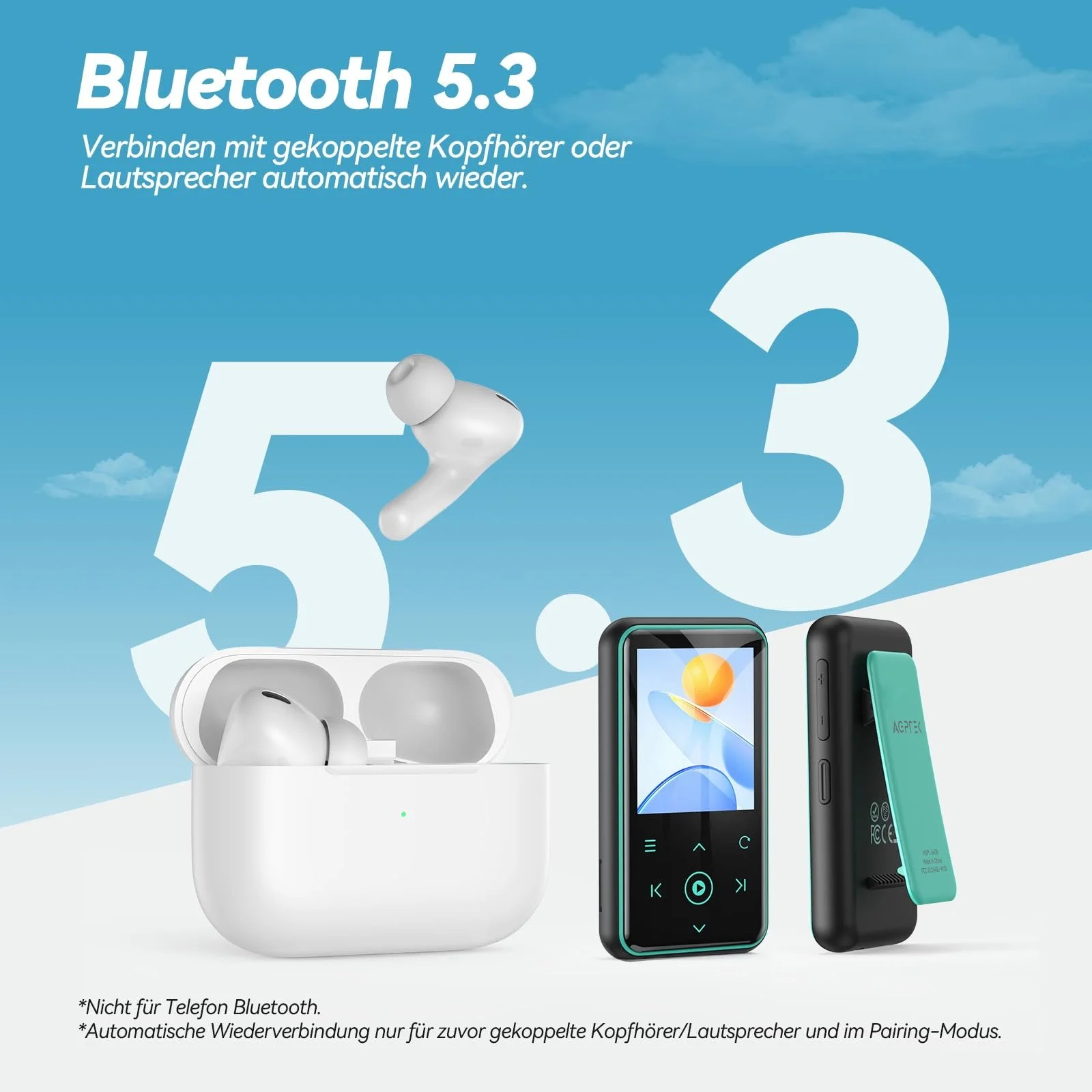MP3-плеєр AGPTEK 64GB з кліпсою для спорту, Bluetooth 5.3, 1.8-дюймовий TFT кольоровий екран, міні-музичний плеєр з сенсорними кнопками, FM-радіо, крокомір, підтримка SD-карти до 128GB, синій, фото №4