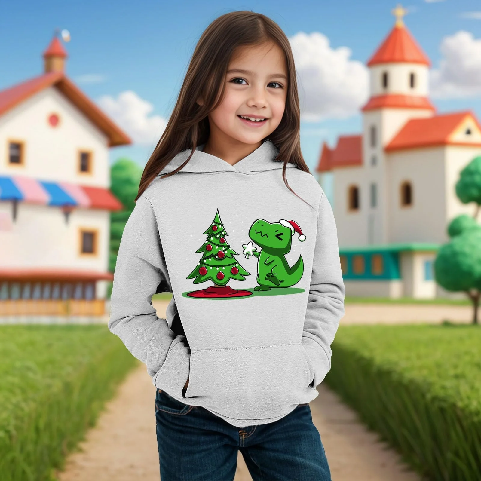 Худи Детский Для девочки - Детский Рождественский Мультяшный Динозавр Принты Длинный рукав Теплый Худи Пуловер Топы, фото №3