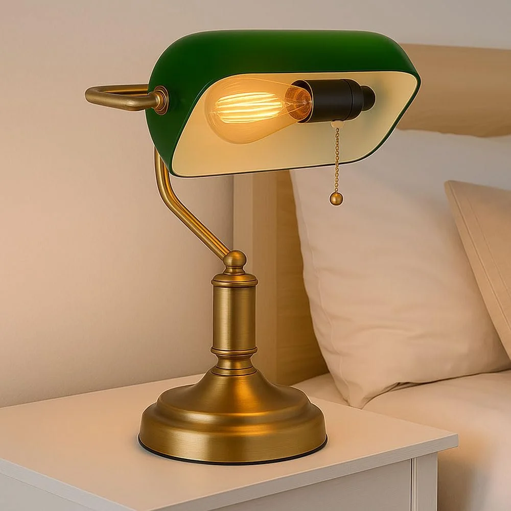Настольная лампа Banker Античная латунь Стеклянная Зеленая E27 26.5 x 36 см, фото №5