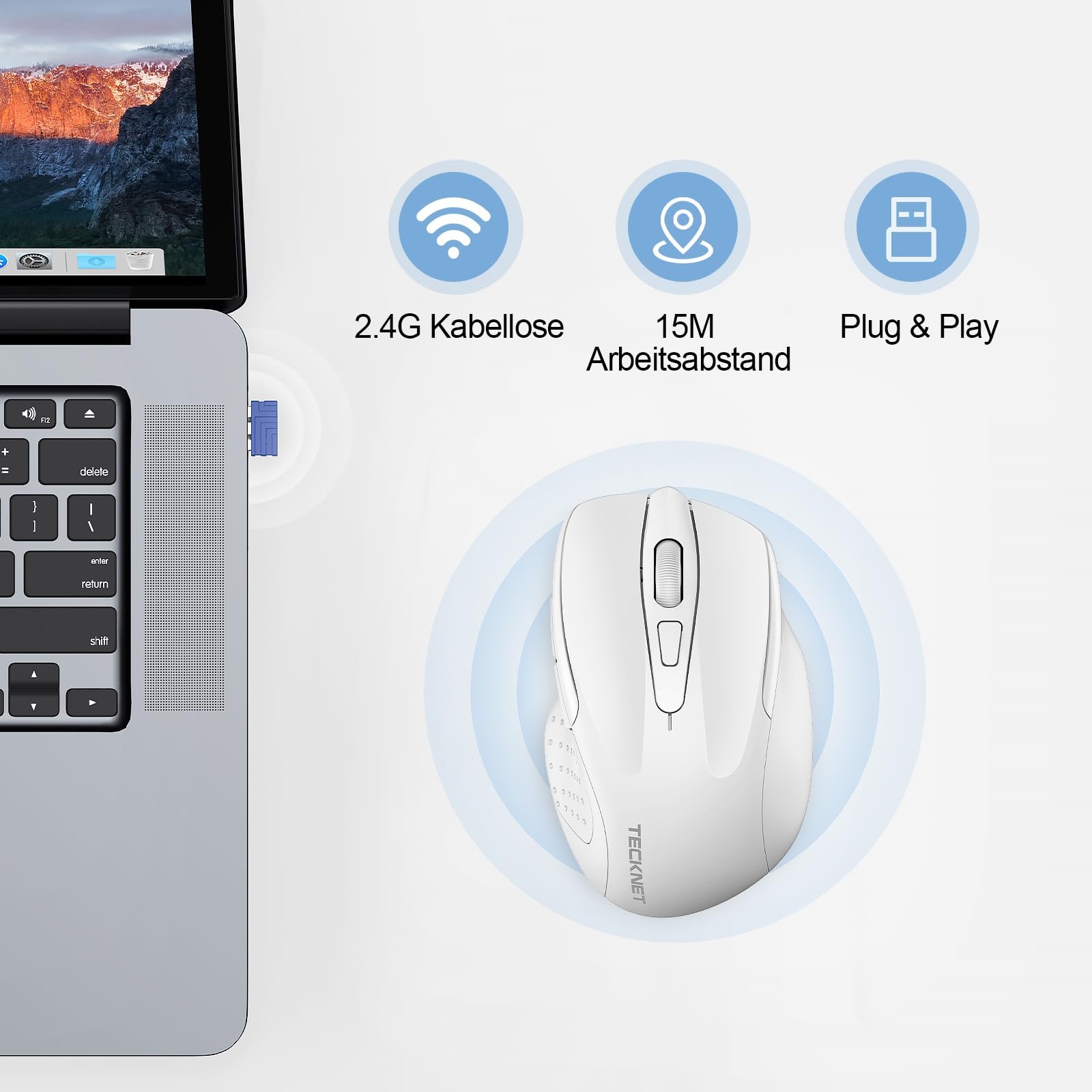 Мышь TECKNET Беспроводная Перезаряжаемая 4800 DPI 2.4GHz Оптическая 6 Кнопок Белая, фото №5