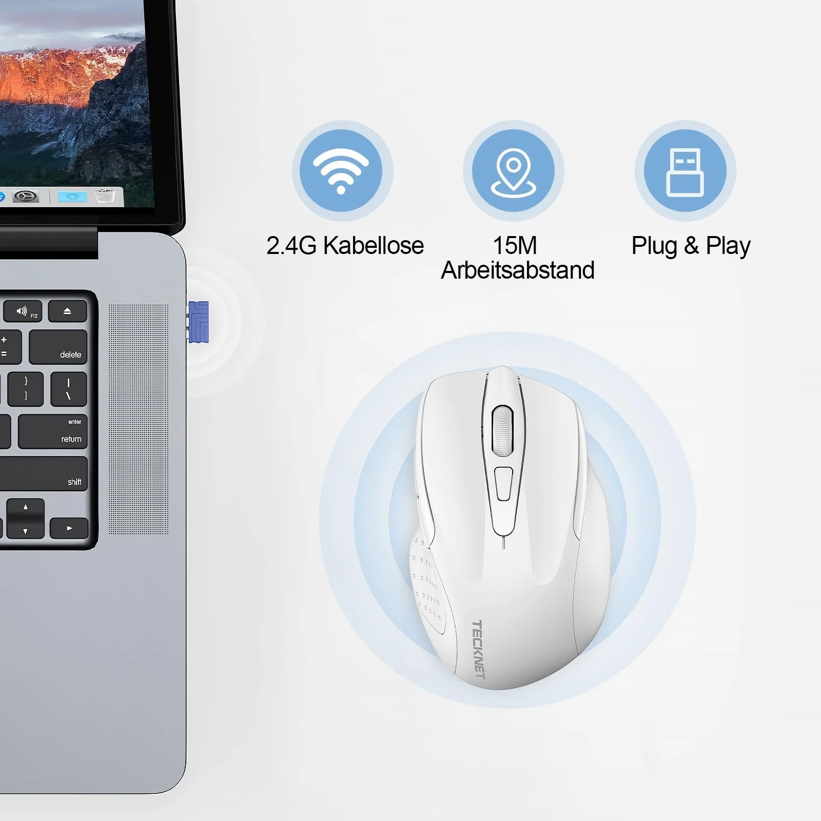 Миша TECKNET Бездротова Перезаряджувана 4800 DPI 2.4GHz Оптична 6 Кнопок Біла, фото №5