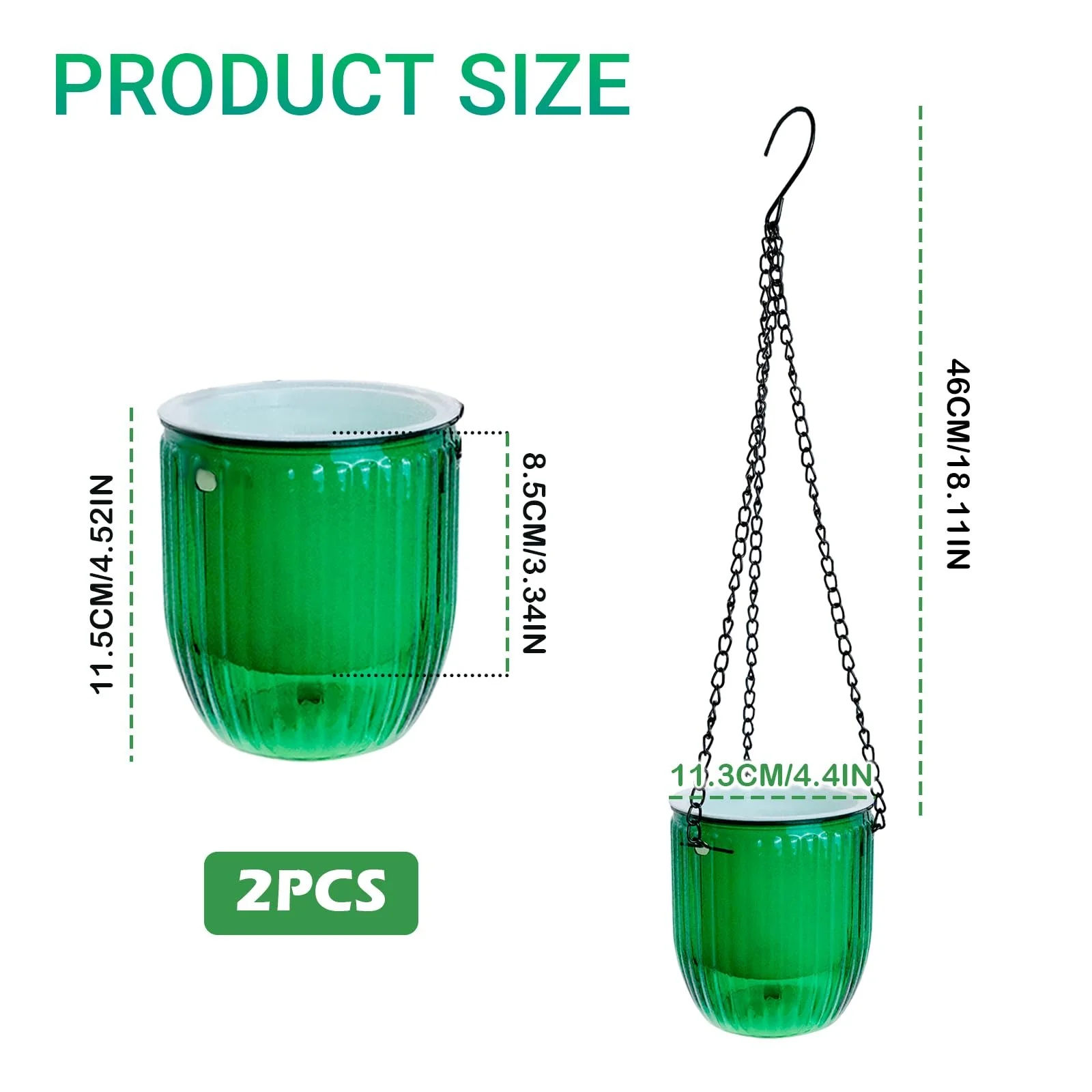 Подвесной вазон для цветов Pack of 2 с дренажным отверстием, металлической цепью и S-образными крючками Прозрачный зеленый, фото №2