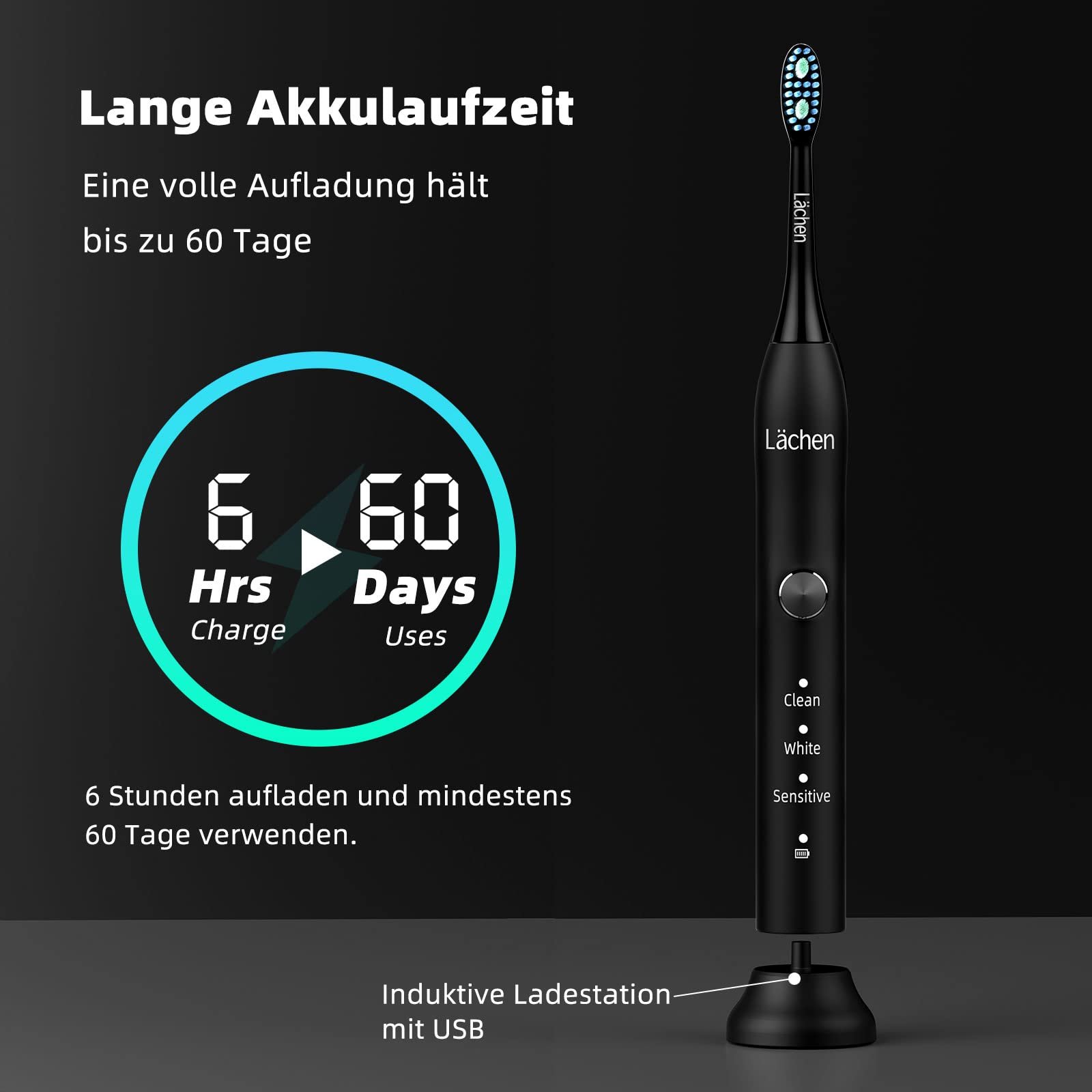 Електрична звукова зубна щітка Lächen 3 режими Дорожній футляр Чорна, фото №6