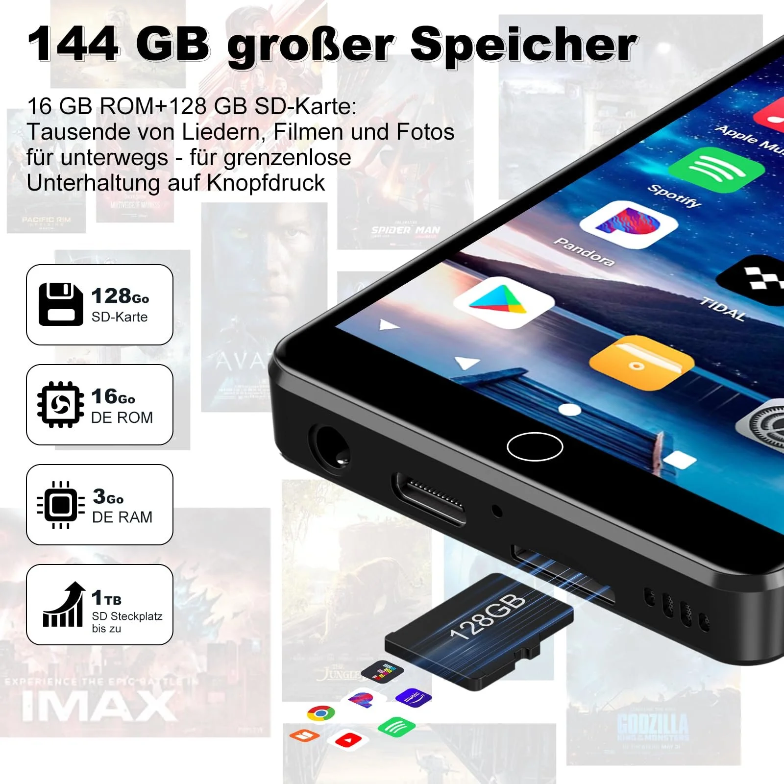 MP3-плеер с WiFi и Bluetooth 144 ГБ, 4.02-дюймовый IPS сенсорный экран, музыкальный плеер для детей, Android MP4-плеер со Spotify, Audible, Amazon Music, Deezer, Play Store (Blcak), фото №7