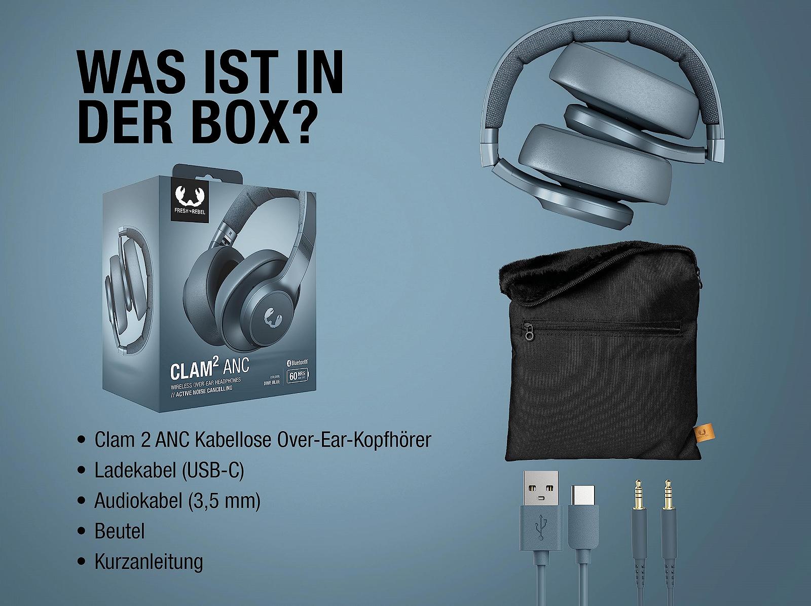 Наушники Fresh 'n Rebel Clam 2 ANC Wireless Noise Cancelling В накладном форм-факторе 60 часов воспроизведения с микрофоном Складные Быстрая зарядка Аудио вход Веганская кожа амбушюры (Dive Blue), фото №6