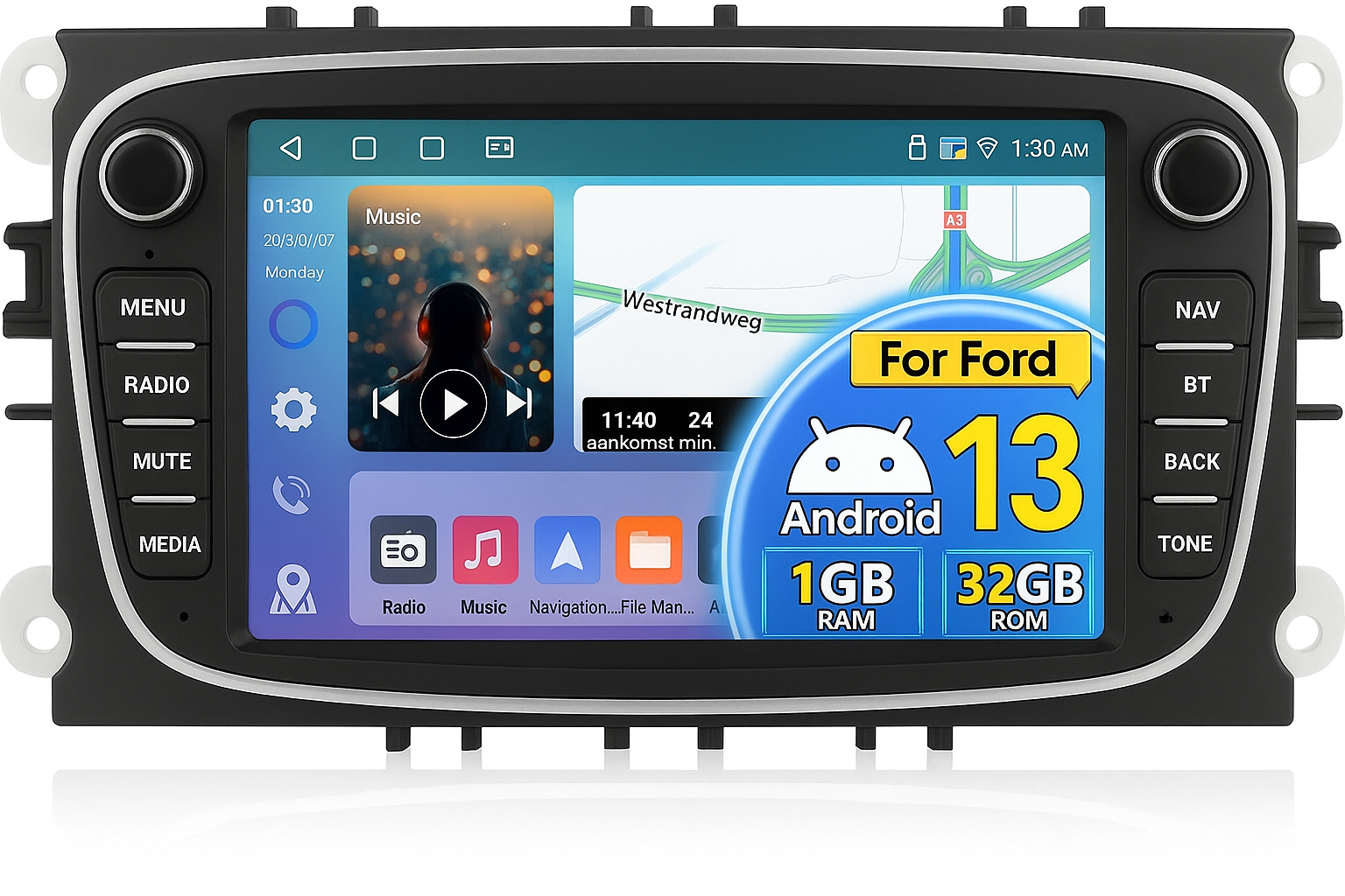 Штатна автомагнітола Podofo для Ford Focus/C-max/S-max/Galaxy/Fusion/Fiesta/Mondeo/Kuga/Transit / 7" / Сенсорна / 1/32Гб / Android 13 / Apple CarPlay / Android Auto / Bluetooth / WI-FI / GPS / FM / USB / RCA, фото №1