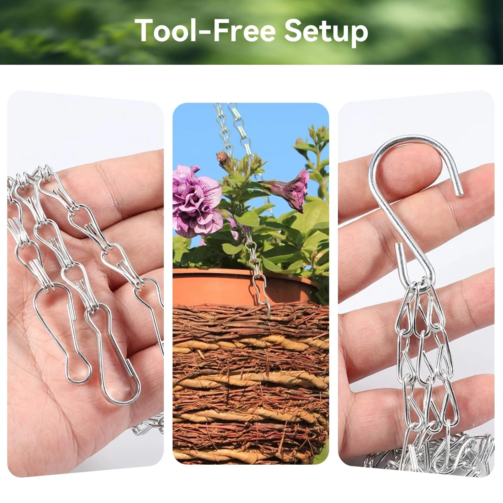 Ланцюжки для підвісних кошиків 4 штуки, 40 см, 3-точкові, міцні металеві, для квіткових горщиків та годівниць, сріблястий, фото №5 Ланцюжки для підвісних кошиків 4 штуки, 40 см, 3-точкові, міцні металеві, для квіткових горщиків та годівниць, сріблястий, фото №5