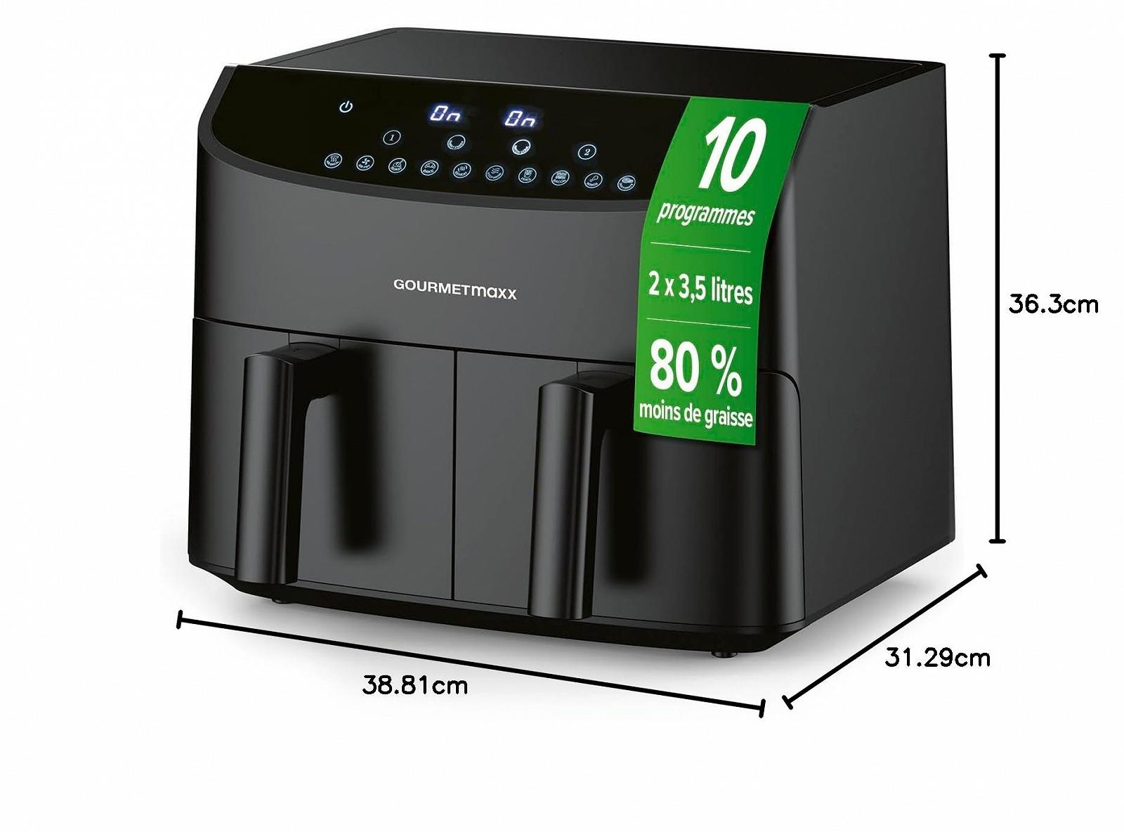 Мультипечь Gourmetmaxx Double Chamber Hot Air Fryer 2 x 3.5 л 2400 Вт 10 программ Чорний, фото №11 Мультипечь Gourmetmaxx Double Chamber Hot Air Fryer 2 x 3.5 л 2400 Вт 10 программ Чорний, фото №11