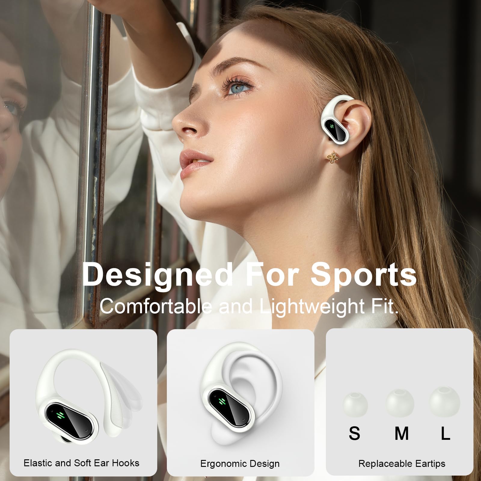 Беспроводные наушники Bluetooth 5.3 Спортивные с 4 ENC микрофонами 50 часов HiFi стерео с двойным LED дисплеем Черные, фото №6