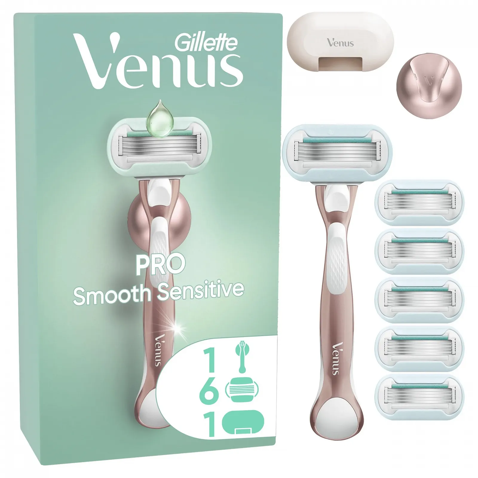 Женская бритва Gillette Venus Pro Smooth Sensitive для чувствительной кожи с 6 сменными лезвиями, держателем и защитным колпачком, фото №1 Женская бритва Gillette Venus Pro Smooth Sensitive для чувствительной кожи с 6 сменными лезвиями, держателем и защитным колпачком, фото №1