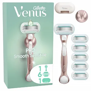 Женская бритва Gillette Venus Pro Smooth Sensitive для чувствительной кожи с 6 сменными лезвиями, держателем и защитным колпачком - Фото 1