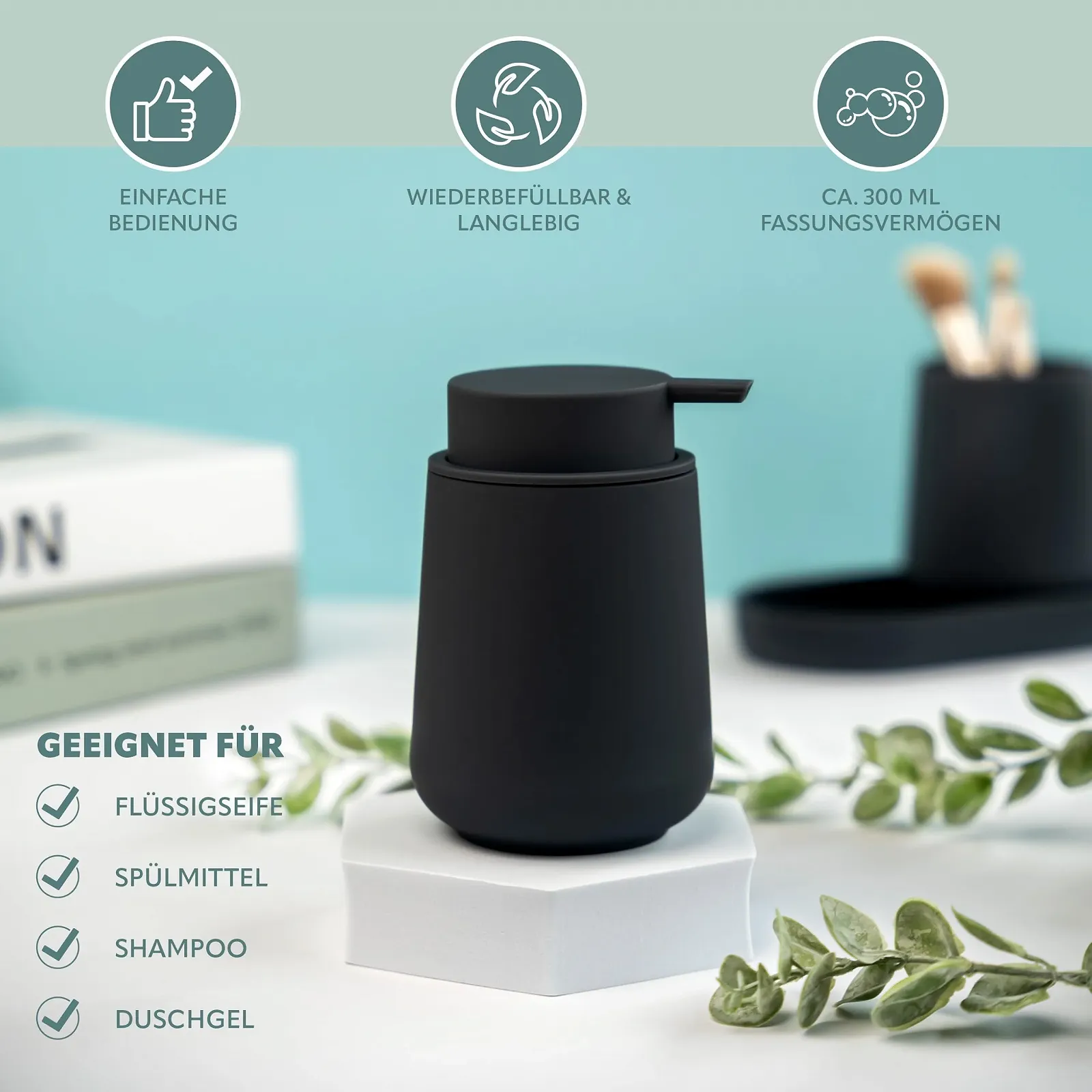 Набор для ванной комнаты eluno Tesero, 3 предмета дозатор мыла, стакан и мыльница, пластик, черный, фото №5