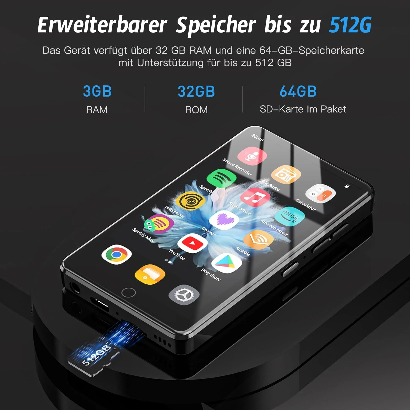 MP3-плеер 96GB с Bluetooth и WiFi, 4.02 Дюймовый IPS HD MP4 плеер с Android 13 OS, с динамиками, Android MP4 MP3 плеер с Deezer, Spotify и Play Store, фото №7