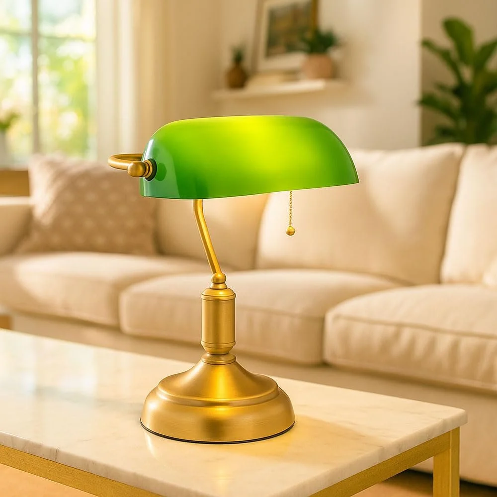Настольная лампа Banker Античная латунь Стеклянная Зеленая E27 26.5 x 36 см, фото №7