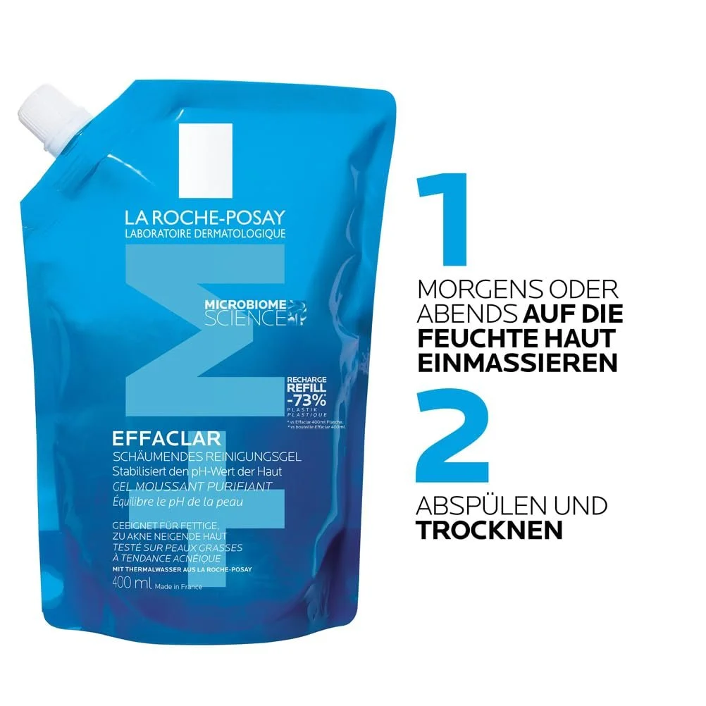 Гель для вмивання La Roche Posay Effaclar для проблемної жирної шкіри, заспокоює та видаляє надлишок себуму, без спирту, з цинком і філобіомою, змінний блок, 400 мл, фото №7