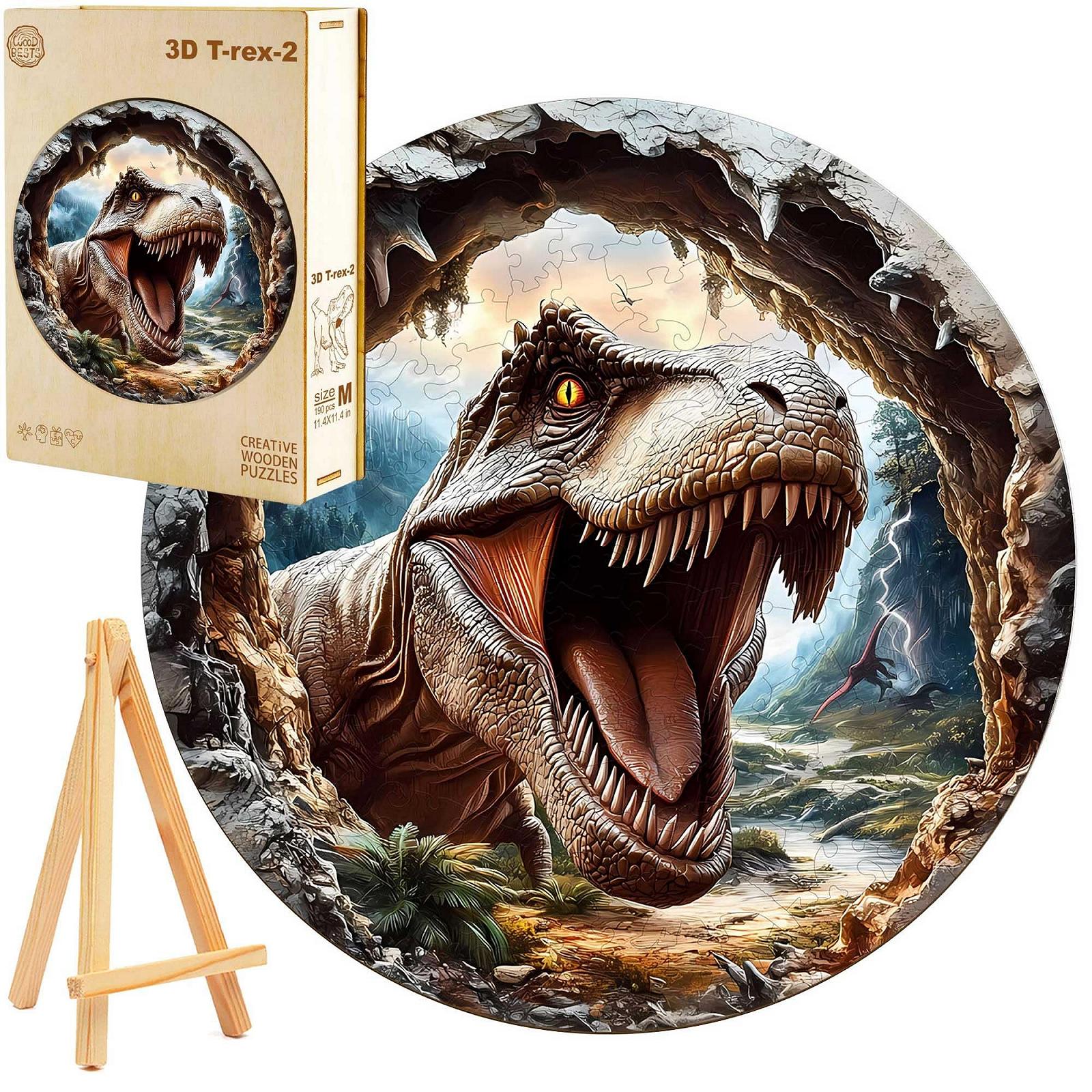 Дерев'яний 3D-пазл T-Rex Dinosaur 300 елементів Дерев'яна коробка Міні-мольберт, фото №1