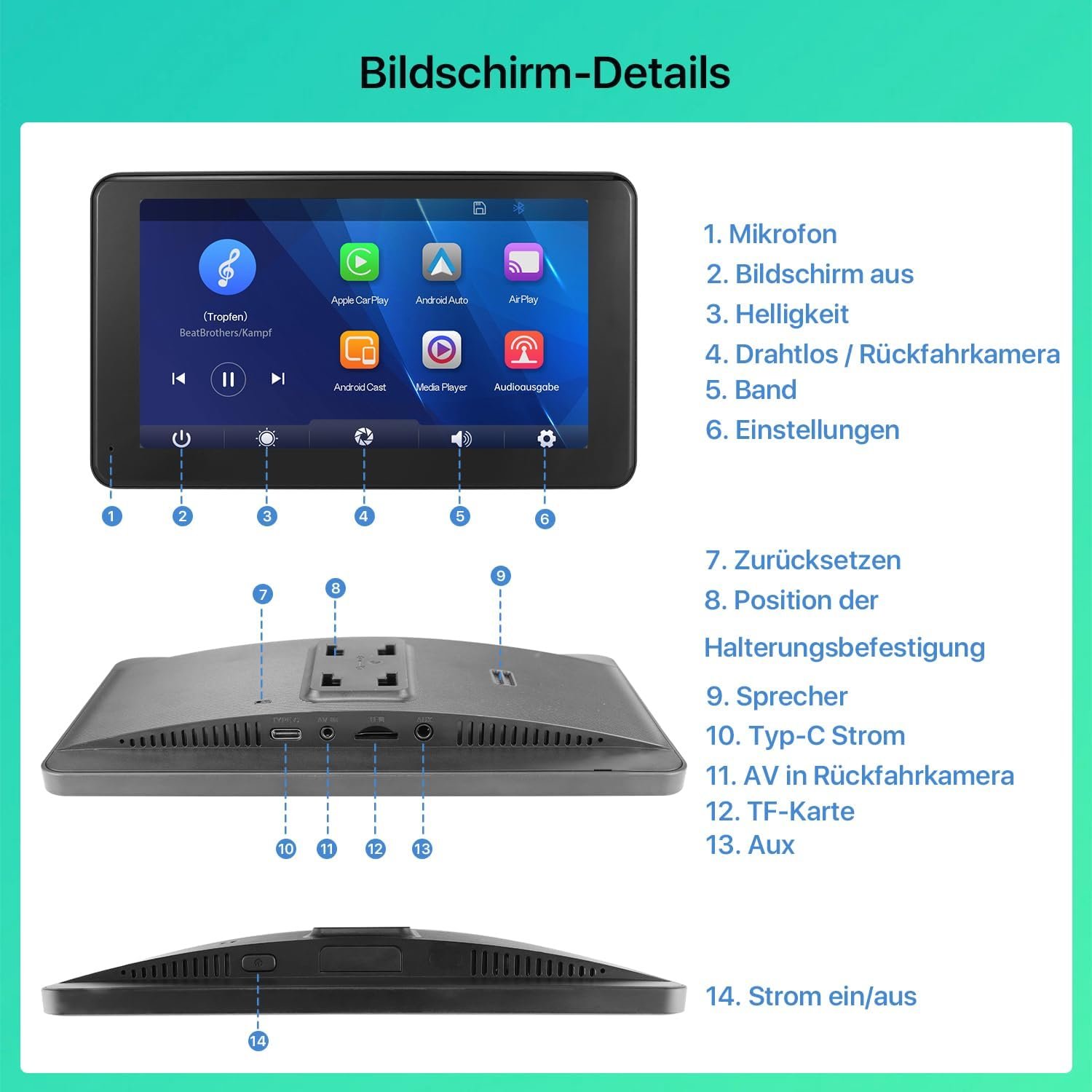 Автомагнітола GREENAUTO / 7" / Сенсорна / Apple CarPlay / Android Auto / Bluetooth / WI-FI / GPS / USB / AUX / TF slot, фото №8