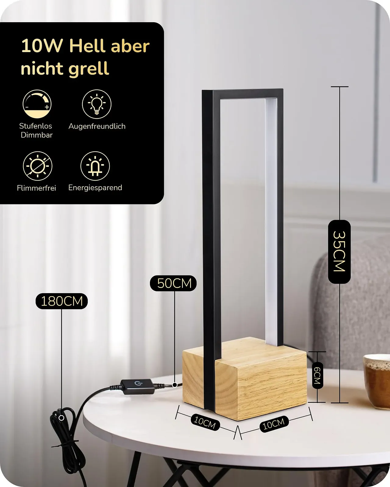 Настільна лампа EDISHINE LED дерев'яна квадратна сенсорна 350 lm Чорна матова, фото №5