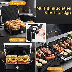 Контактний гриль YASHE 2000W, гриль для паніні на 4 скибочки, відкриття на 180


 градусів, антипригарні пластини, регульована температура, ручка Cool Touch, піддон для збору жиру, сріблястий/нержавіюча сталь synthetic.ua - Фото 1
