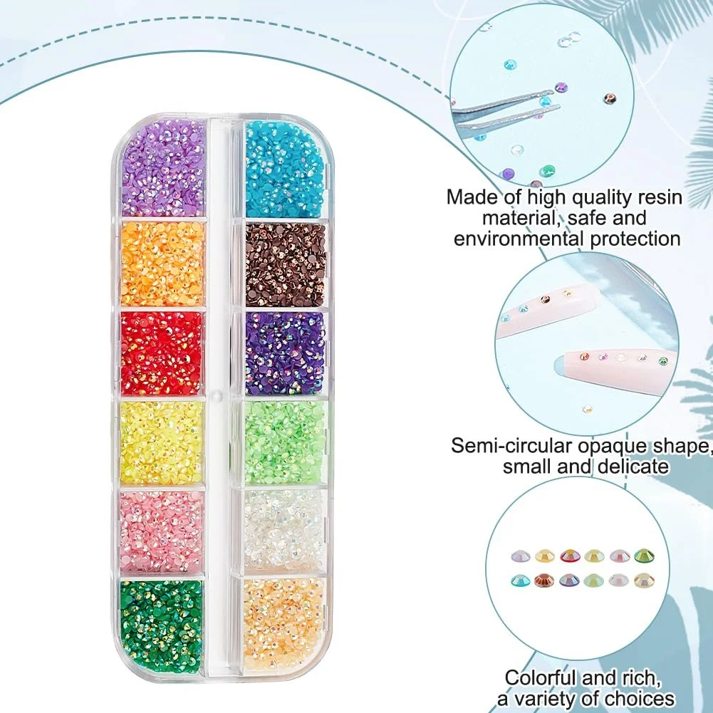 Стразы полукруглые Approx. 12000 штук, 12 цветов, 2 мм, смола, плоская задняя часть, граненые хрустальные стразы-кабошоны, фото №5