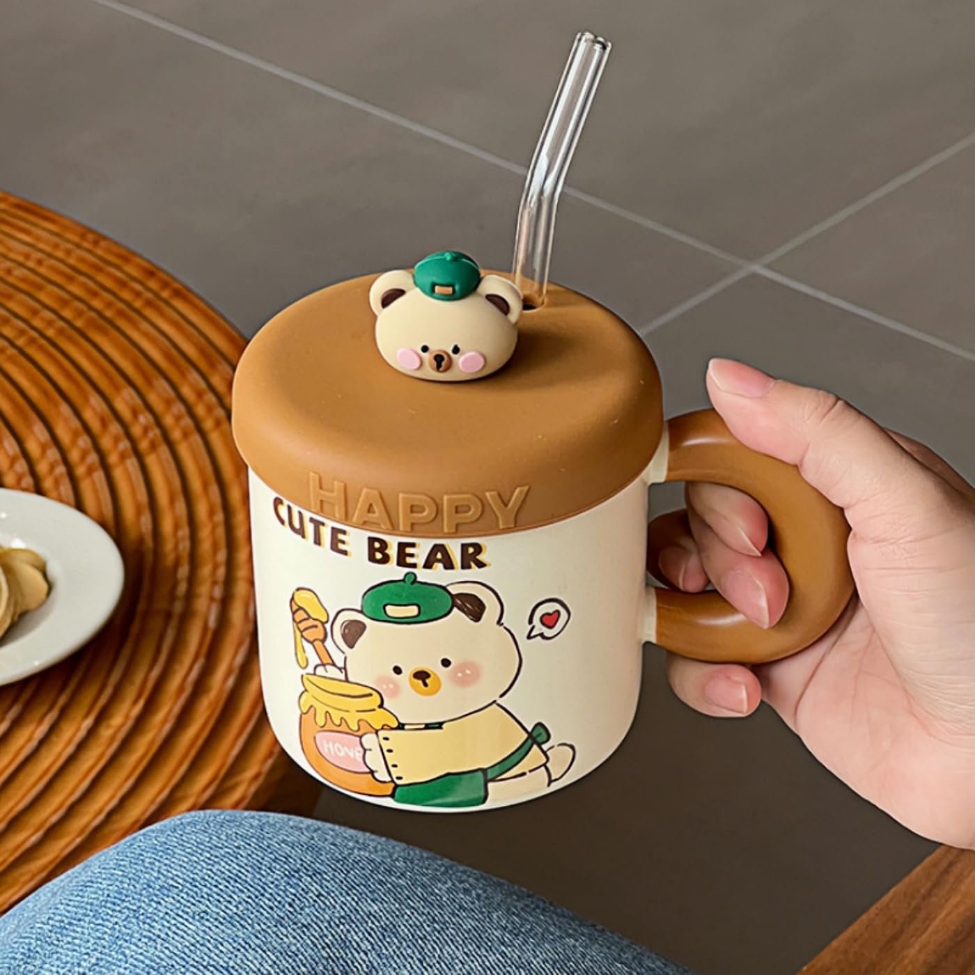 Чашка для капучино Керамічна з мультяшним ведмедем і силіконовою кришкою, скляна соломинка 380 мл, фото №2