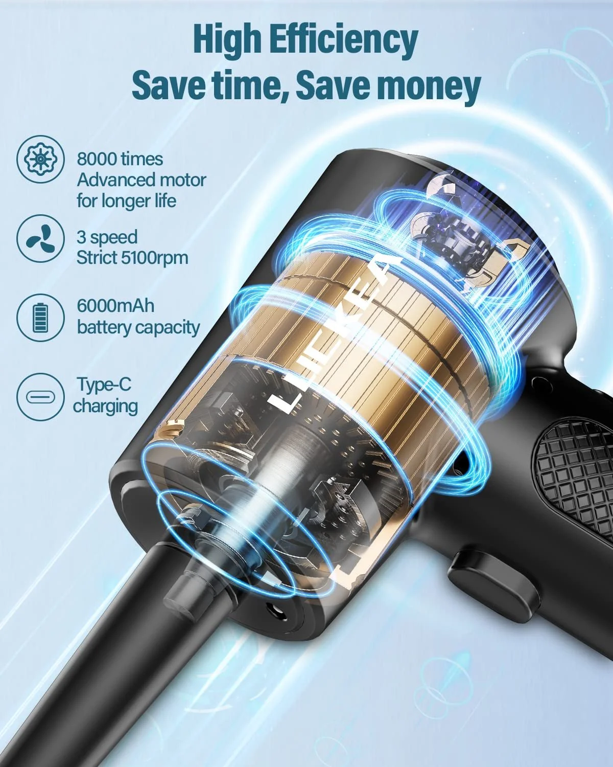 Электрический воздуходувка 3 скорости 6000 mAh LED для чистки ПК и офиса, фото №5