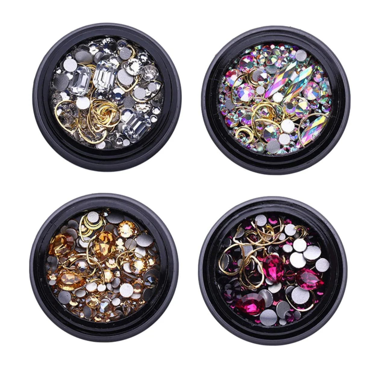 Украшения для ногтей Стразы FRCOLOR 4 коробки, украшения для ногтей, металлические кольца в форме гвоздей, маленькая черная бутылка, фото №1