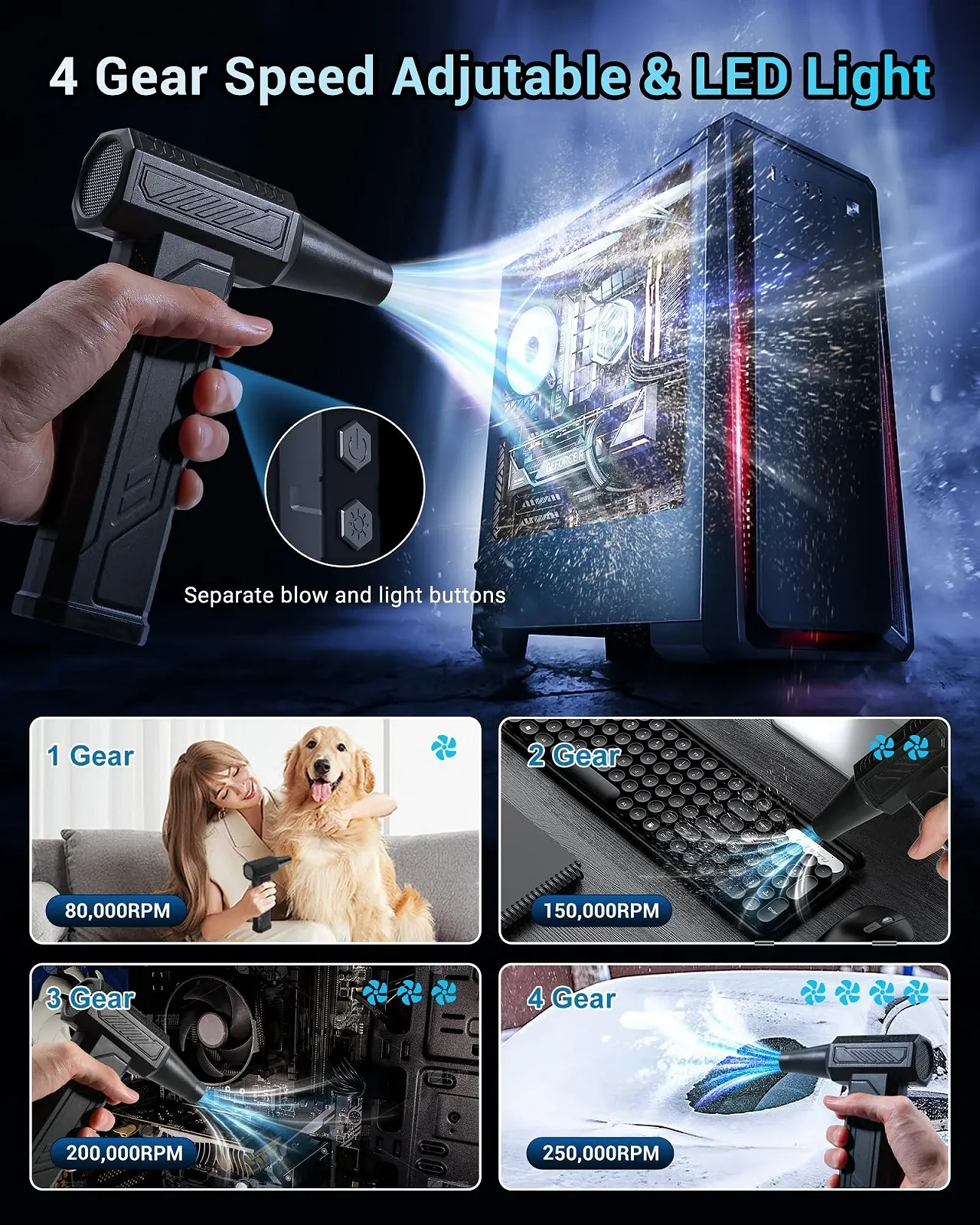 Электрический воздуходувка WHATOOK 250,000 rpm 8000 mAh 4 скорости LED-подсветка, фото №3 Электрический воздуходувка WHATOOK 250,000 rpm 8000 mAh 4 скорости LED-подсветка, фото №3