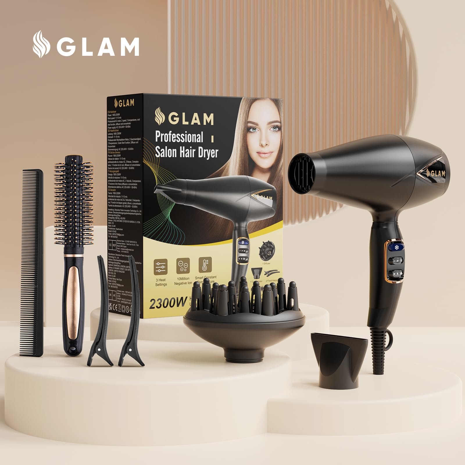 Фен GLAM Professional, 2300 Вт, AC мотор, 2 скорости, 3 нагрева, кнопка холодного обдува, диффузор и концентратор, фото №8