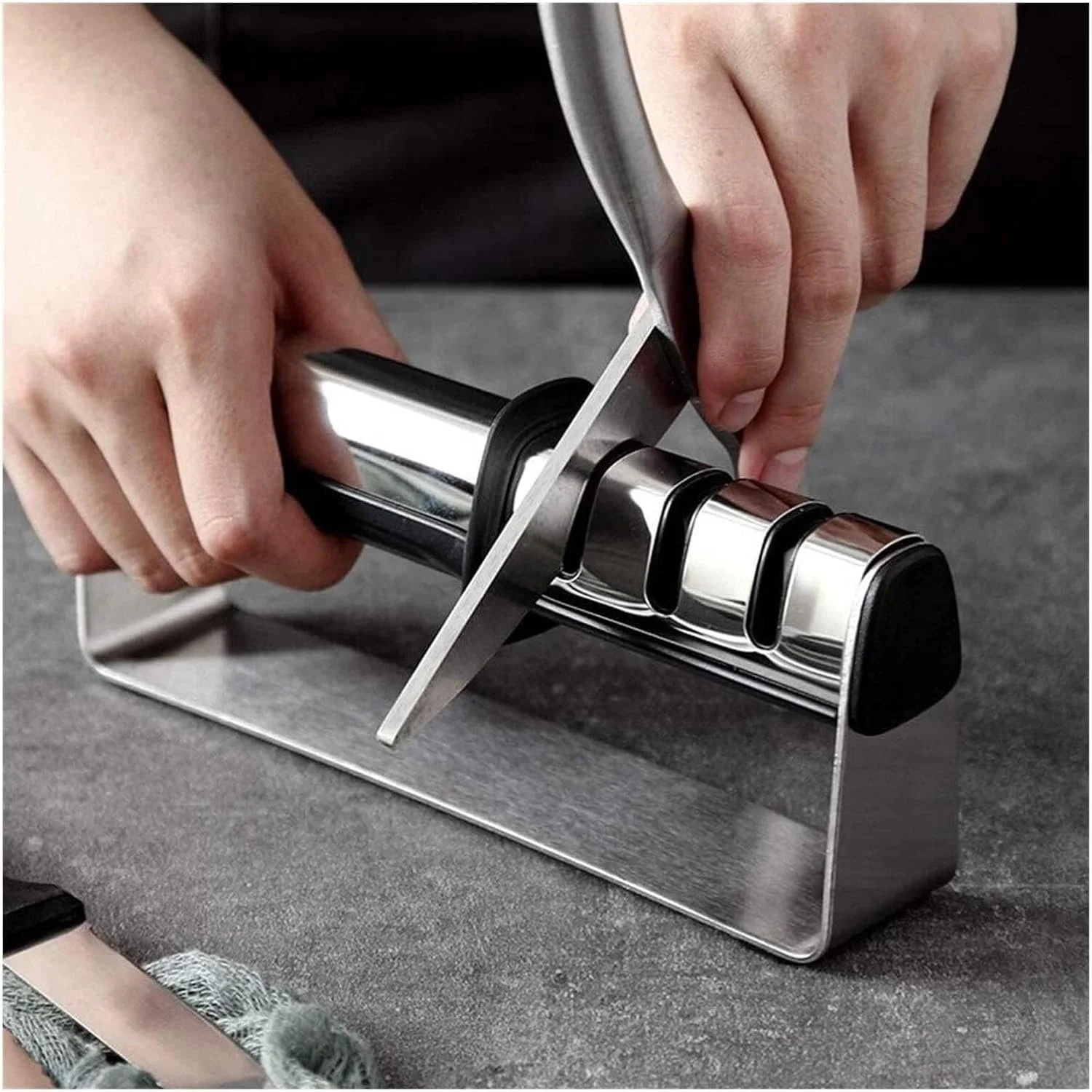 Точило для ножів ручна 3-ступенева для кухонних, кишенькових ножів та ножиць, фото №4