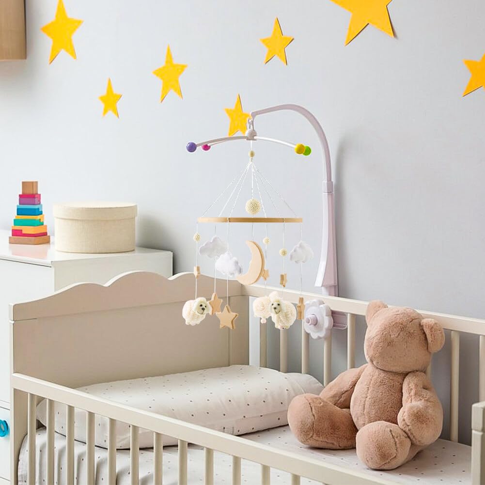 Детский мобиль Aublinto Babe Mobile с деревянными колокольчиками, фетровыми шариками, звёздами для детской комнаты с вязаными звёздами, луной и облаками, фото №5