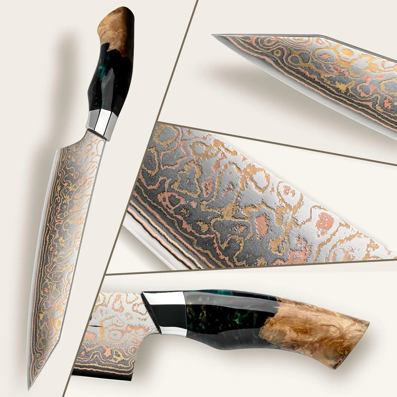 Ніж кухарський SHAN ZU Venus Series Damascus Copper, кований вручну японський ніж, 33 шари дамаської сталі та міді, фото №8 Ніж кухарський SHAN ZU Venus Series Damascus Copper, кований вручну японський ніж, 33 шари дамаської сталі та міді, фото №8