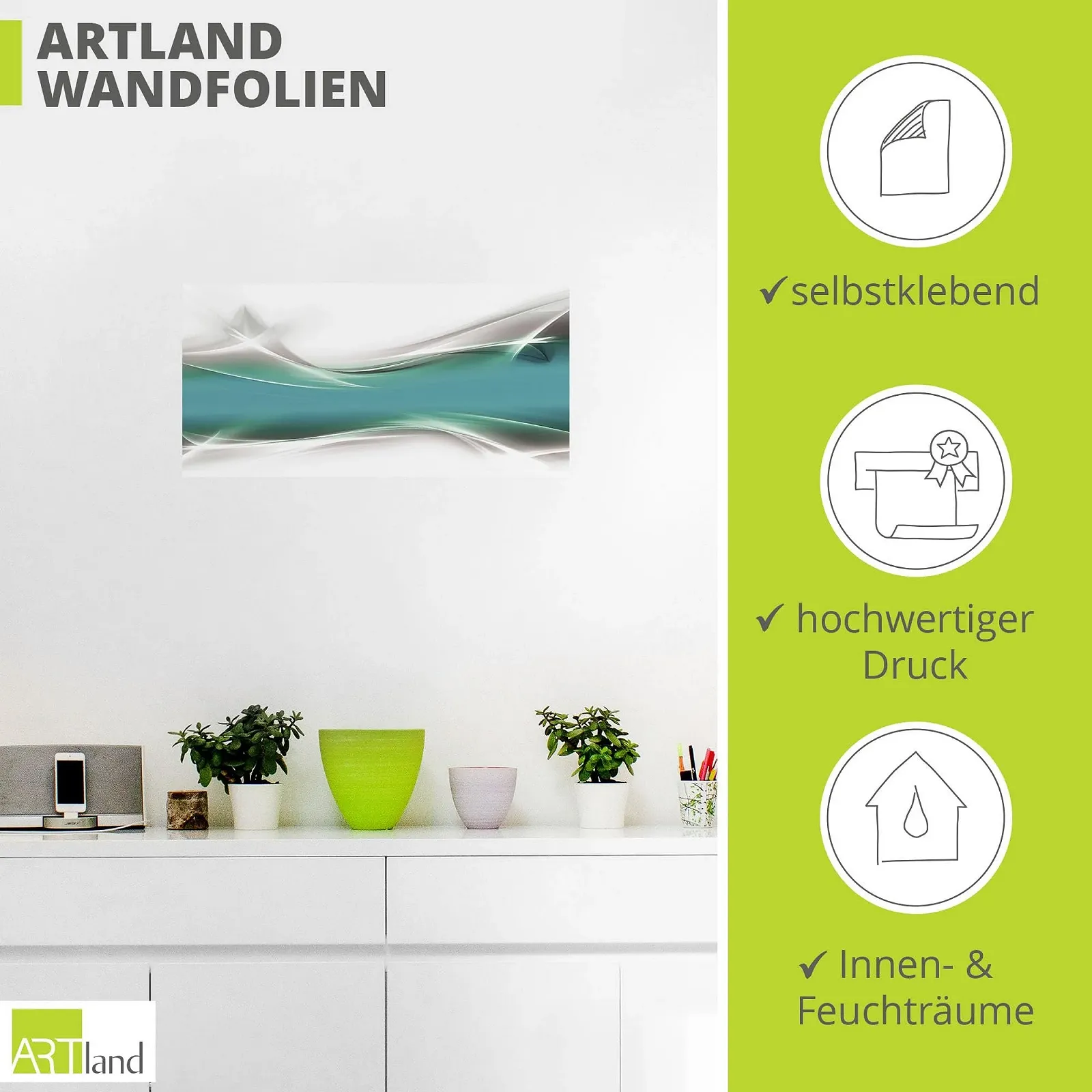 Настінна наклейка ARTland T9FA Самоклеюча вінілова плівка 100 x 50 см Абстрактне мистецтво Хвиля Сучасний візерунок Петроль Бірюзовий, фото №3