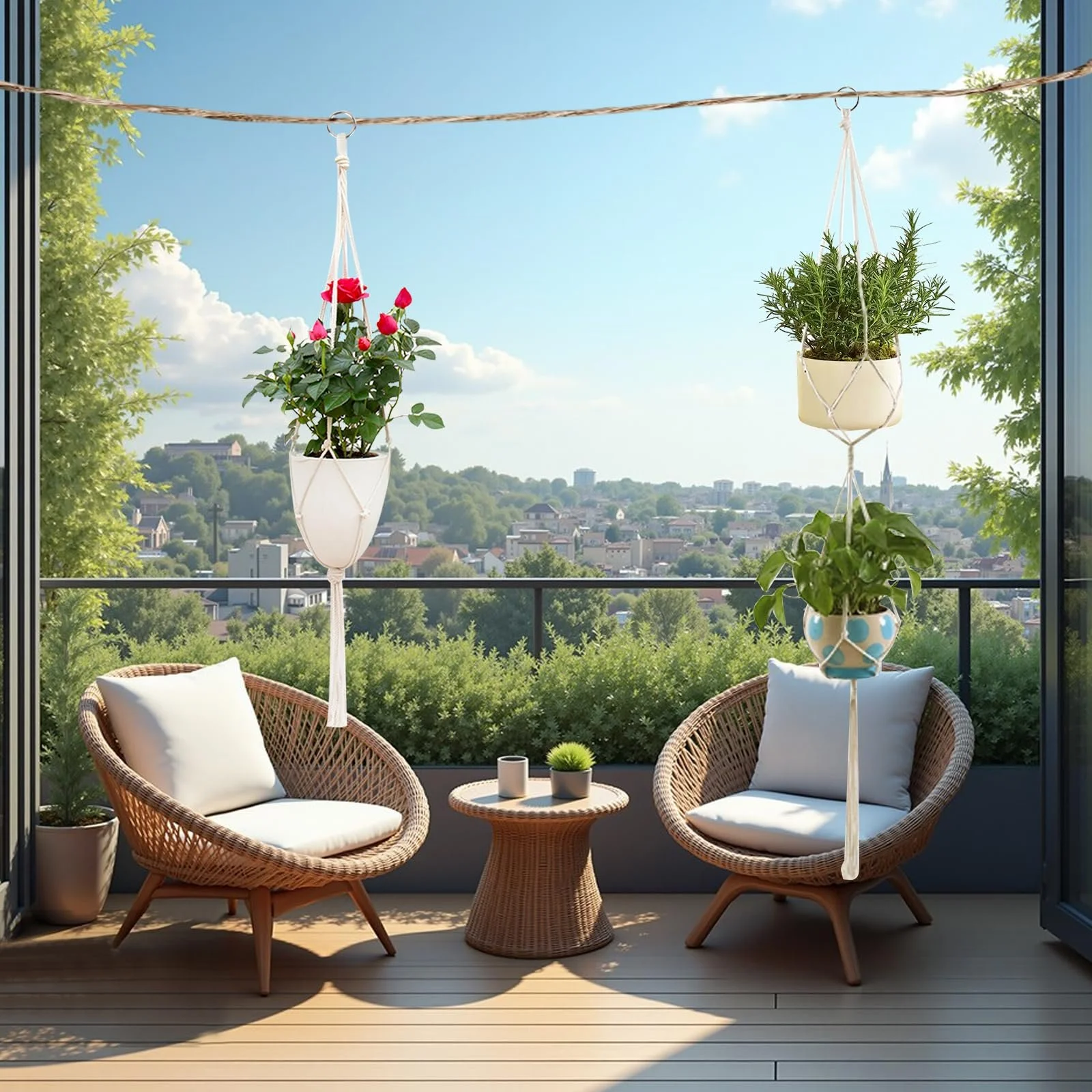 Кошик підвісний макраме Набір 2 шт. Бавовняна мотузка з гачками Білий, фото №6