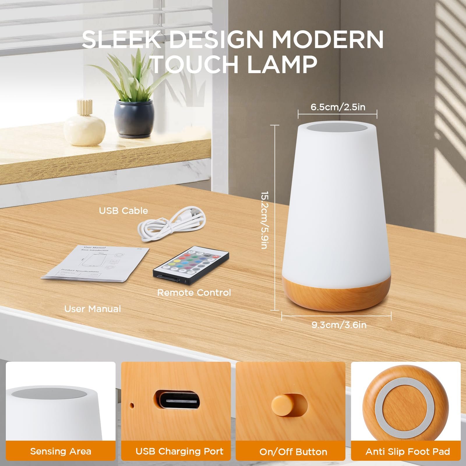 Настільна лампа Romon нічник сенсорний з регулюванням яскравості 13 кольорів LED USB акумуляторна з пультом таймер світло-коричневий, фото №2