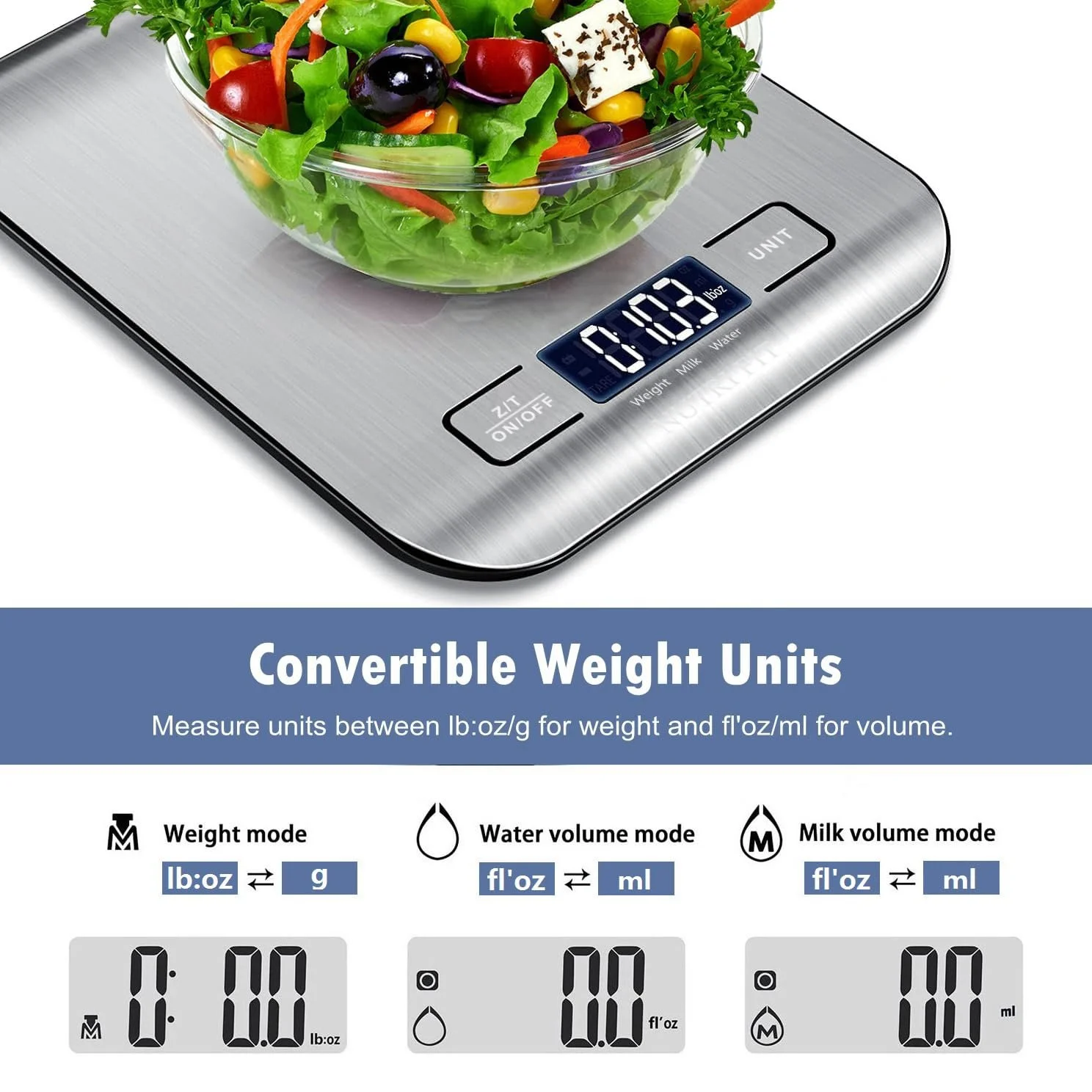 Кухонні ваги електронні NUTRI FIT ультратонкі, нержавіюча сталь, 5 kg / 11 lb, LCD дисплей, фото №4