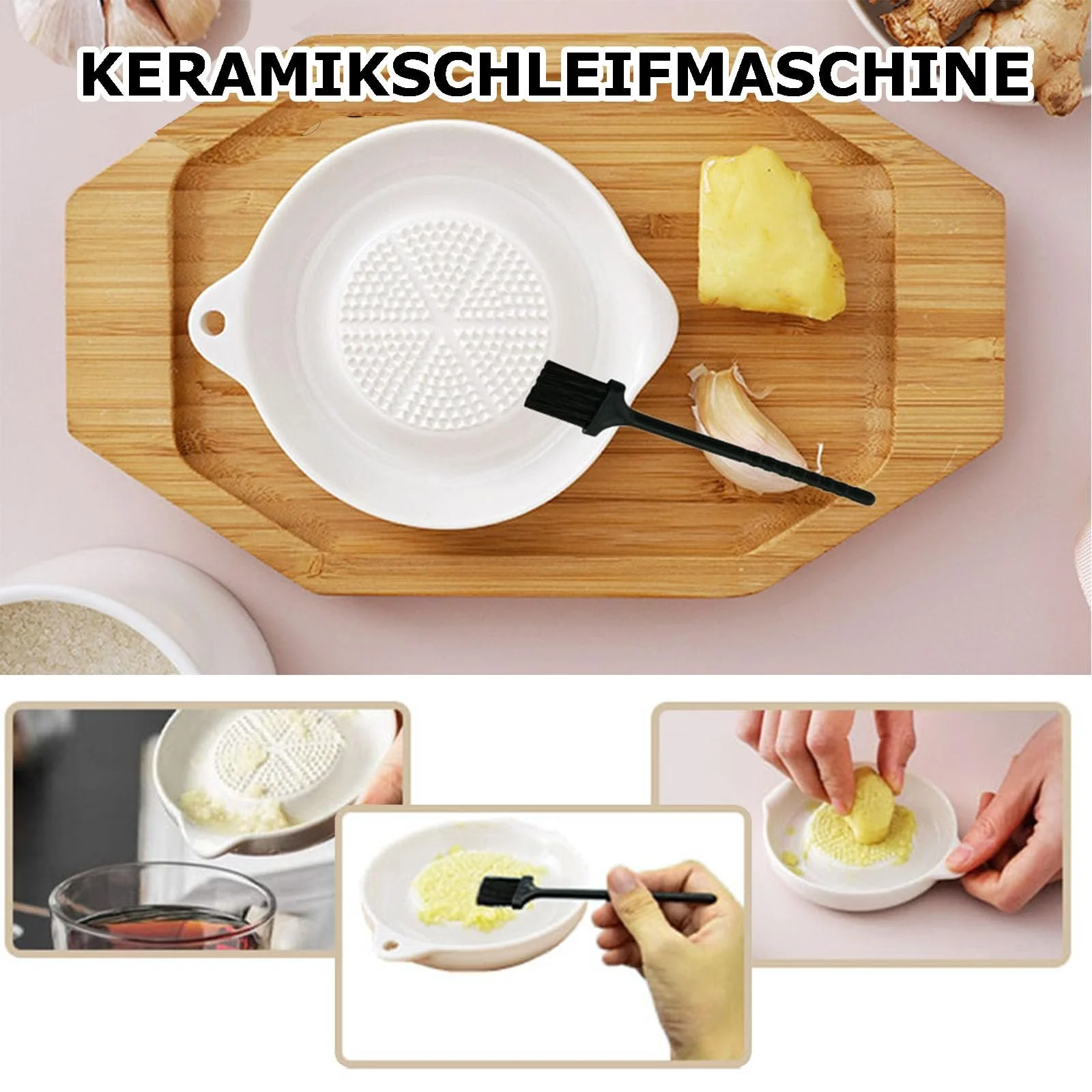 Терка керамічна для овочів, фруктів, імбиру, часнику, кругла порцелянова терка з щіткою для сімейної кухні, фото №5