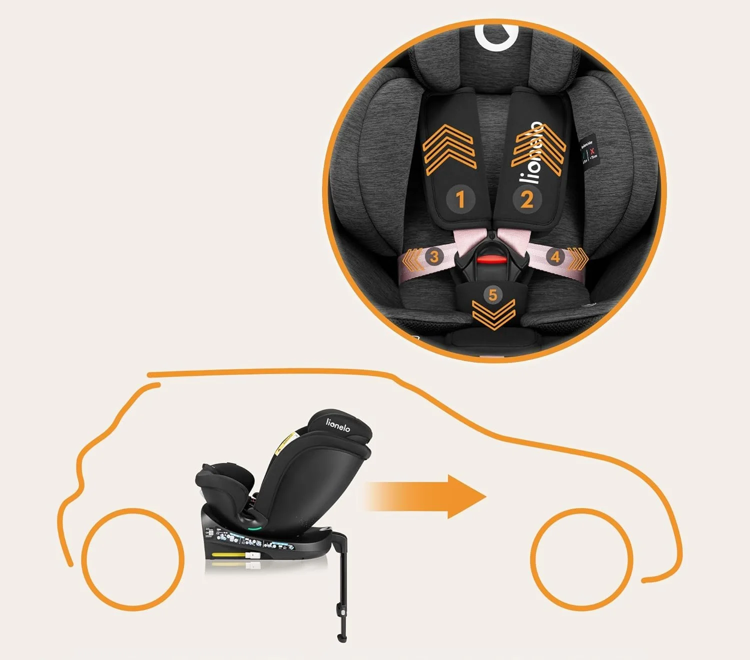 Дитяче автокрісло LIONELO Navy i-Size / З ISOFIX та поворотом на 360° / 0-36 кг / 40-150 см / 0-12 років / Регульований підголівник та нахил спинки / Чорне, фото №3 Дитяче автокрісло LIONELO Navy i-Size / З ISOFIX та поворотом на 360° / 0-36 кг / 40-150 см / 0-12 років / Регульований підголівник та нахил спинки / Чорне, фото №3