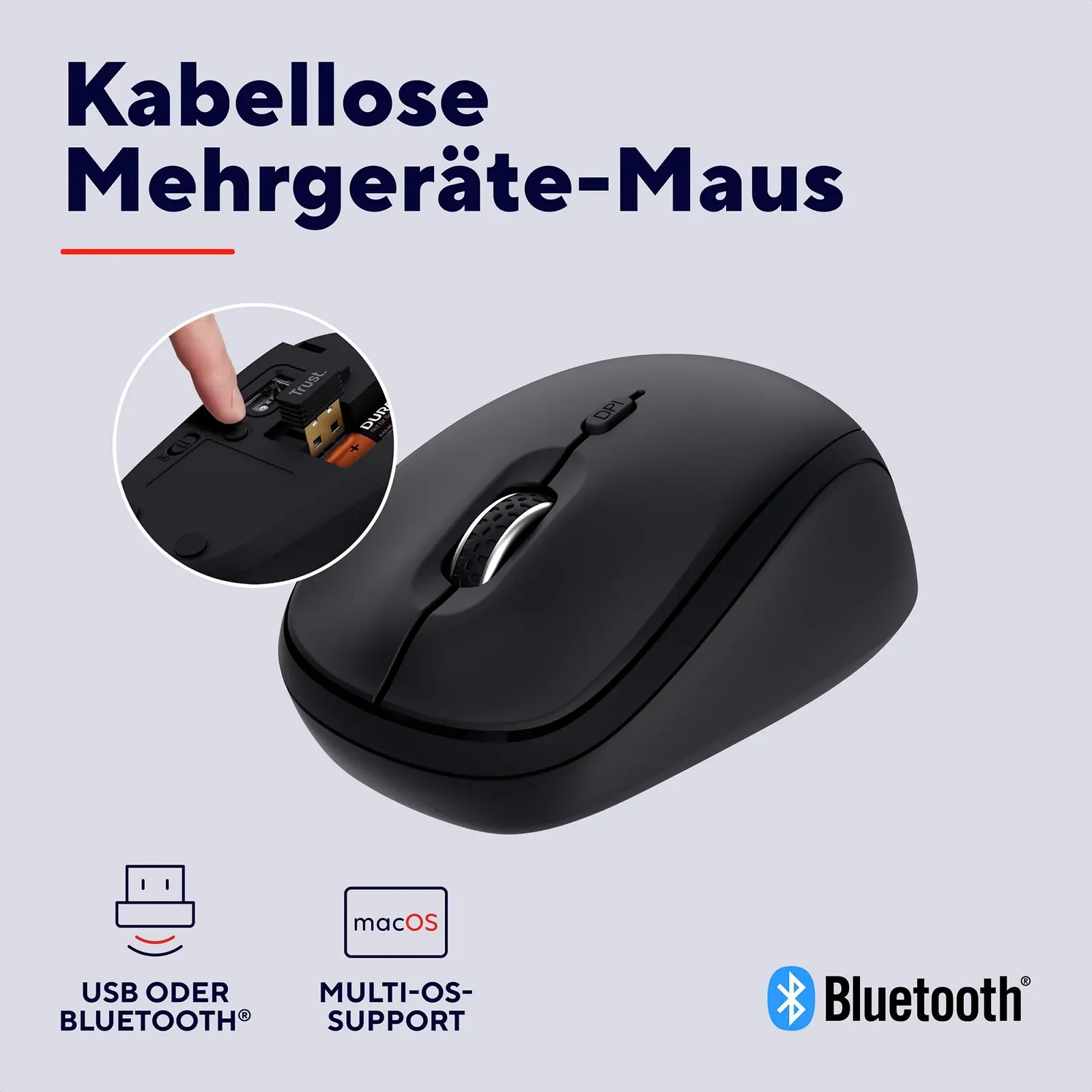 Мышь беспроводная Trust Yuki Quiet Bluetooth + 2.4 GHz, компактная, для нескольких устройств, с батареей, для правой и левой руки, 75% переработанного пластика, фото №3