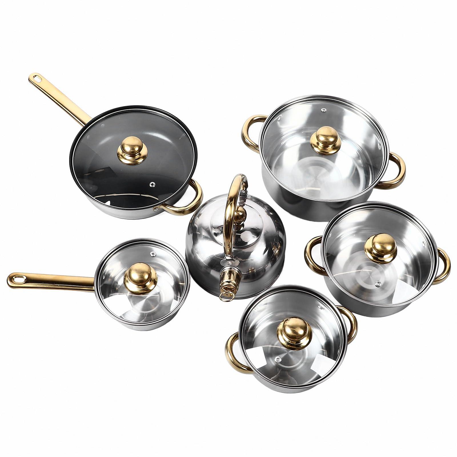 Набір Cookware 12 штук Нержавіюча сталь Золота ручка, фото №7
