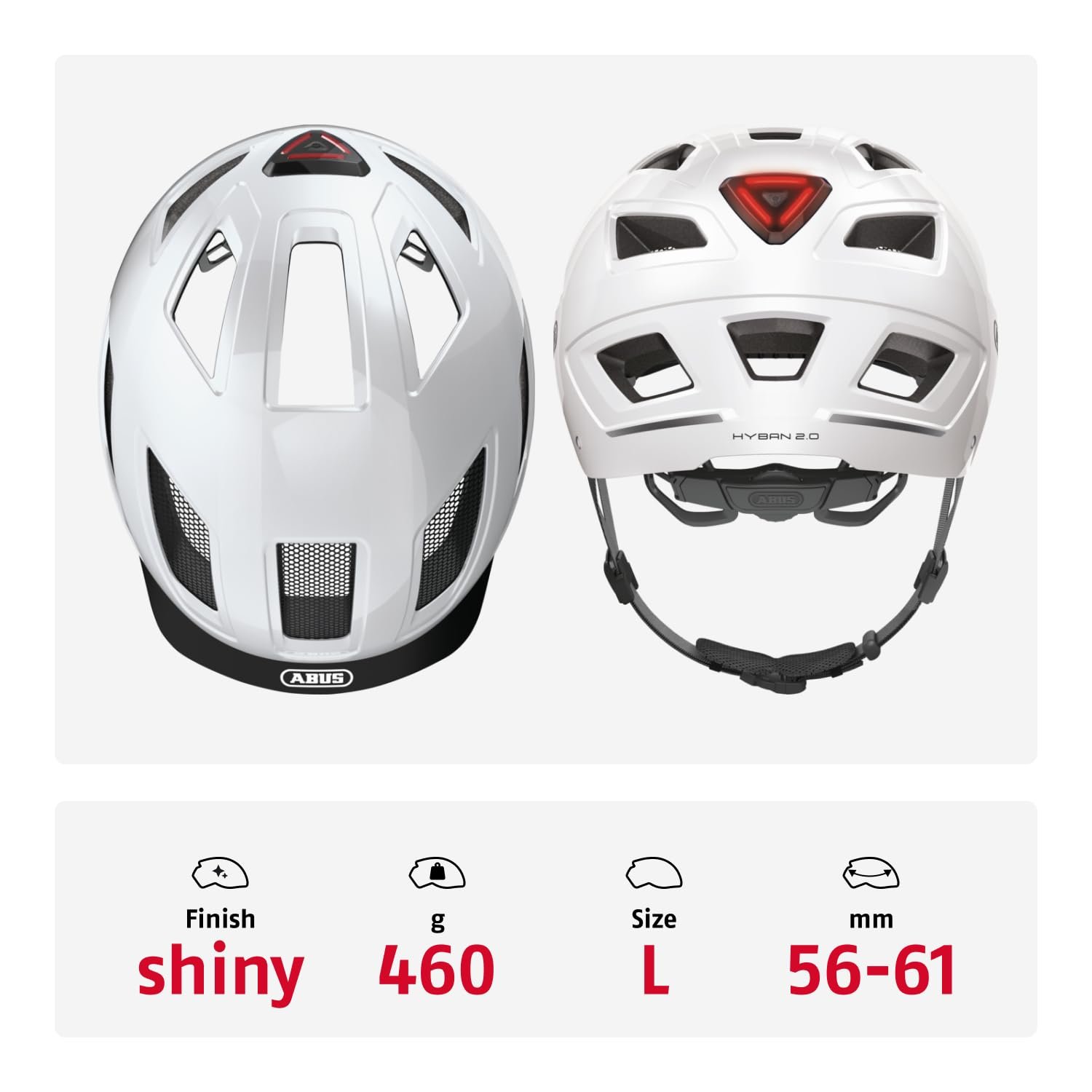 Шолом ABUS Hyban 2.0 Міський, з заднім ліхтарем, ABS, Polar White, фото №3