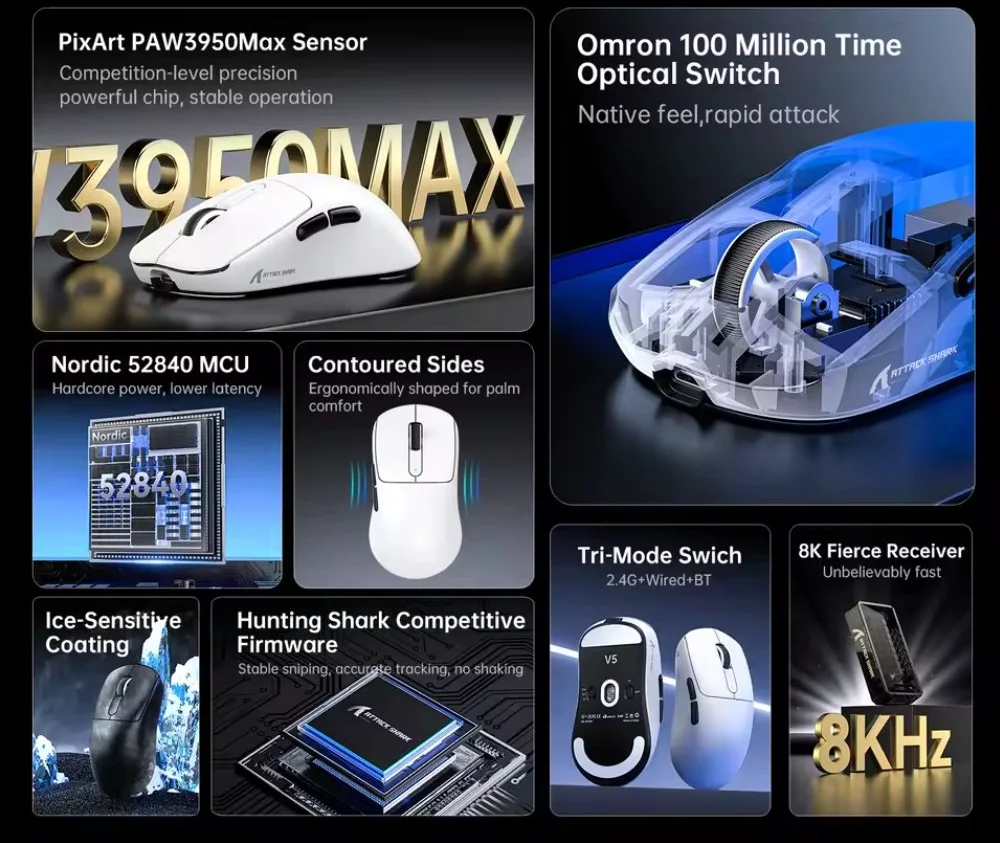 Игровая мышка Attack Shark V5 White PAW3950MAX 42K DPI 8000Гц 750IPS 50G, фото №2